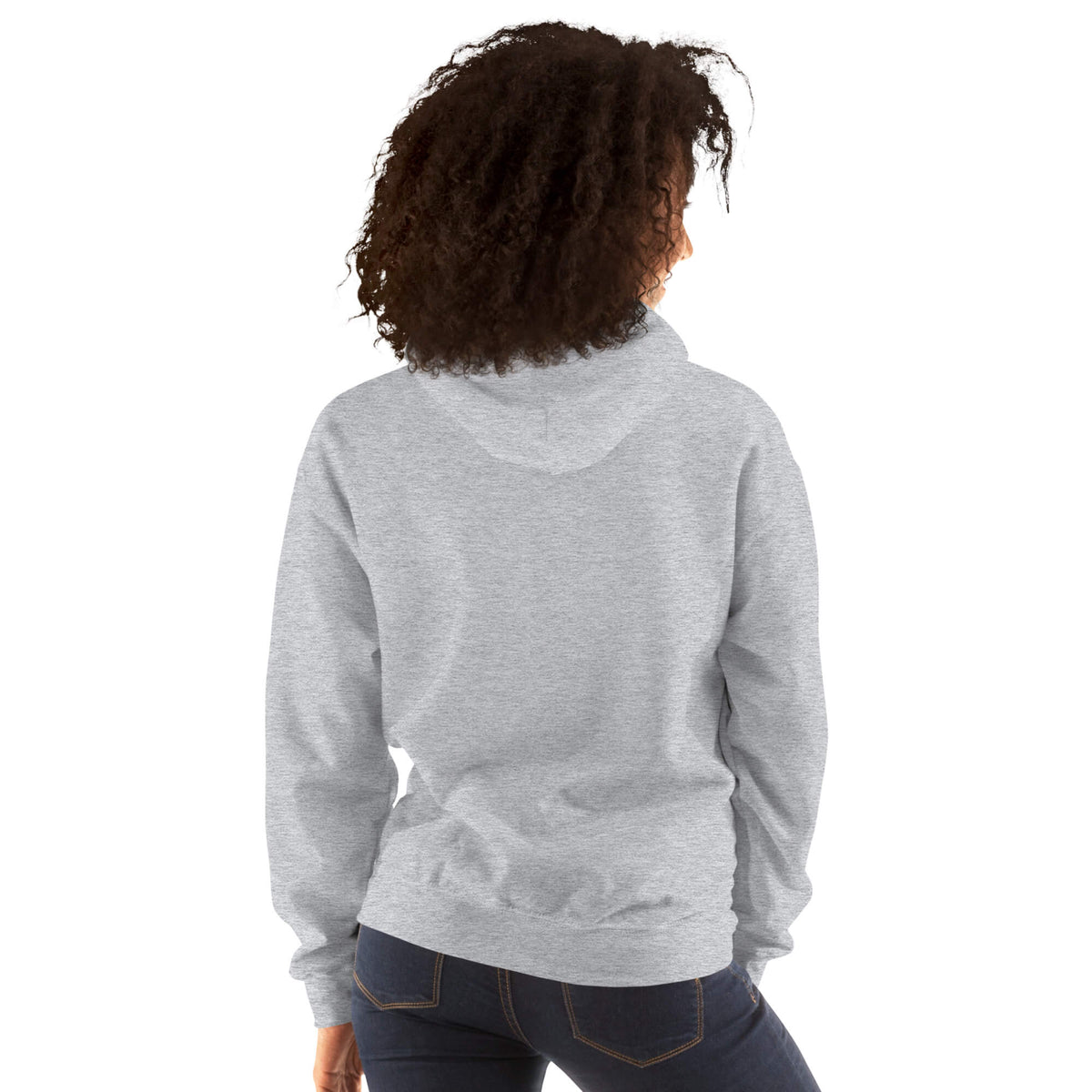 Back view of the People's Free Health Clinic BPP Unisex Pullover Hoodie in light gray, showcasing a relaxed fit and cozy hood. Ideal for cool weather and casual wear.