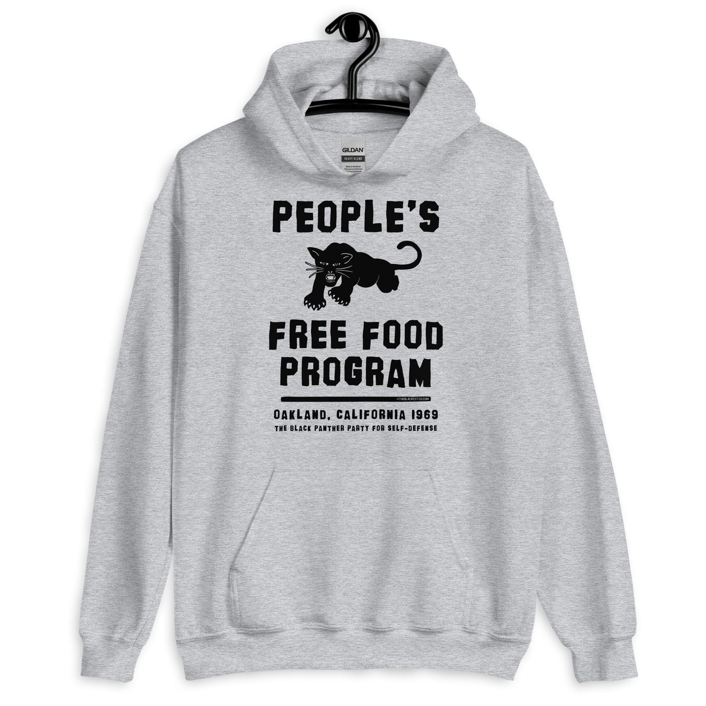 Light gray People's Free Food Program hoodie on hanger.