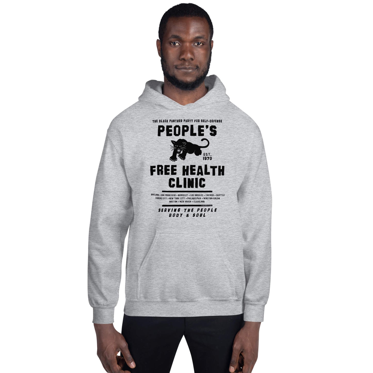 Gray unisex pullover hoodie featuring 'People's Free Health Clinic' text and Black Panther Party design. Comfortable and ideal for cool weather.