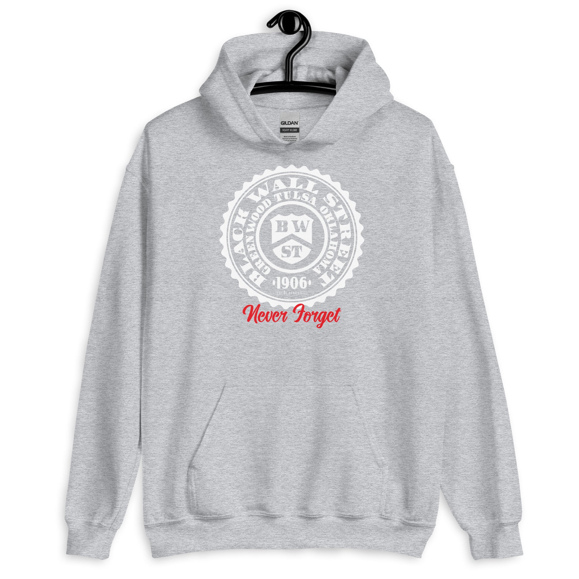Light gray Black Wall Street Seal Never Forget pullover hoodie with a white and red emblem. A warm and comfortable hoodie for any occasion.
