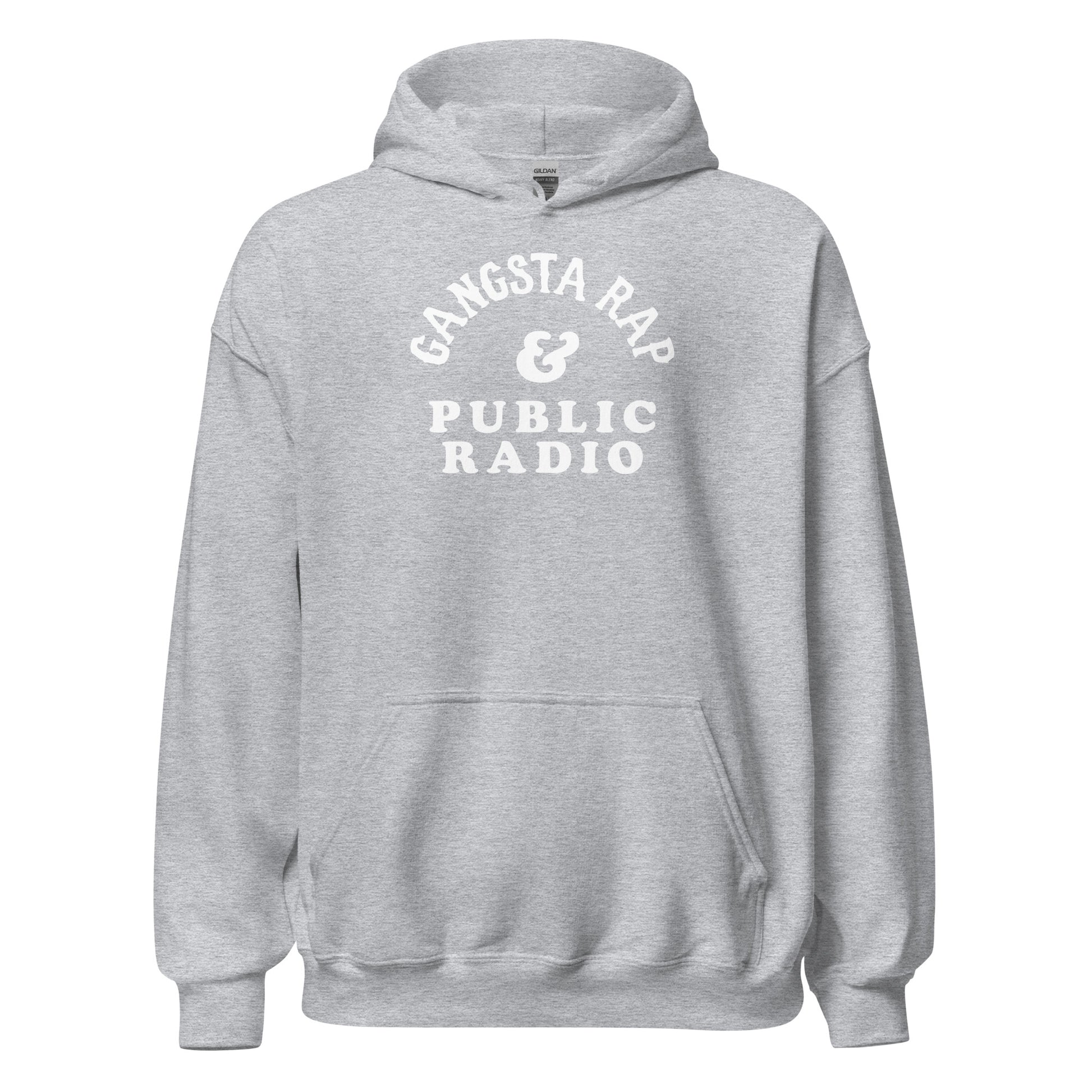 Heather gray Gangsta Rap And Public Radio Unisex Staple Hoodie with white lettering, cozy and versatile for music and radio fans.