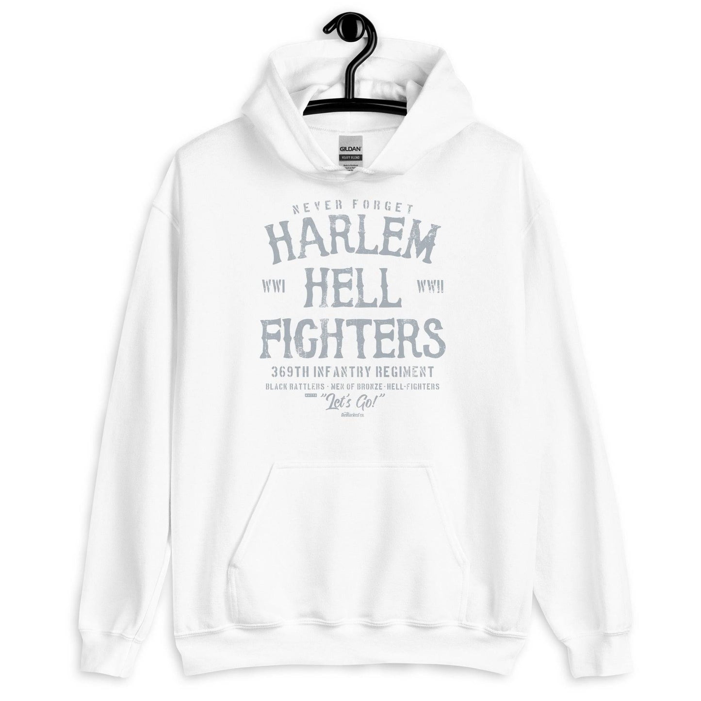White Harlem Hellfighter Black Soldiers Staple Unisex Hoodie with bold graphic honoring Black soldiers of the 369th Infantry Regiment.