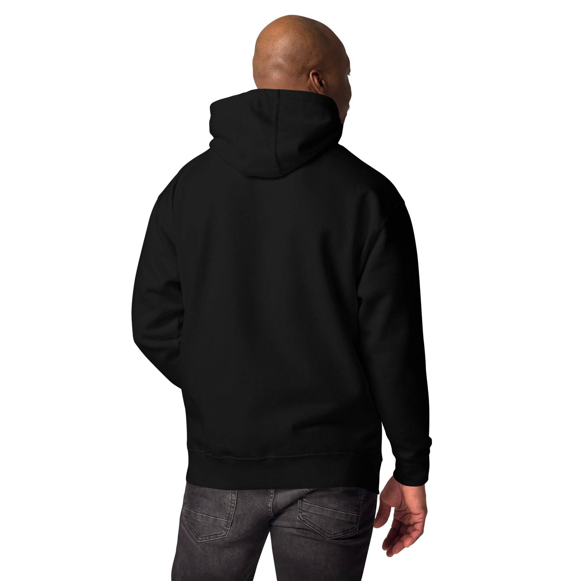 Back view of man in black hoodie