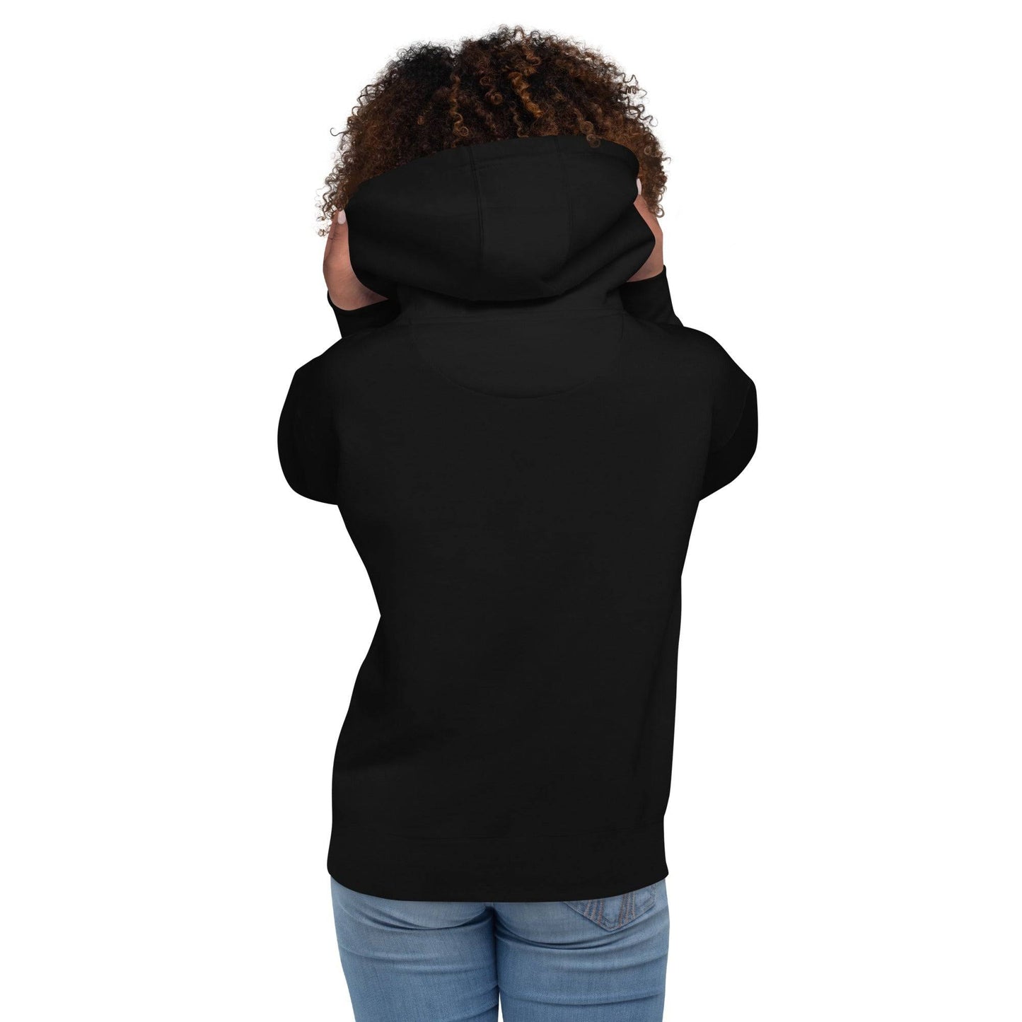 Back view of woman in black hoodie
