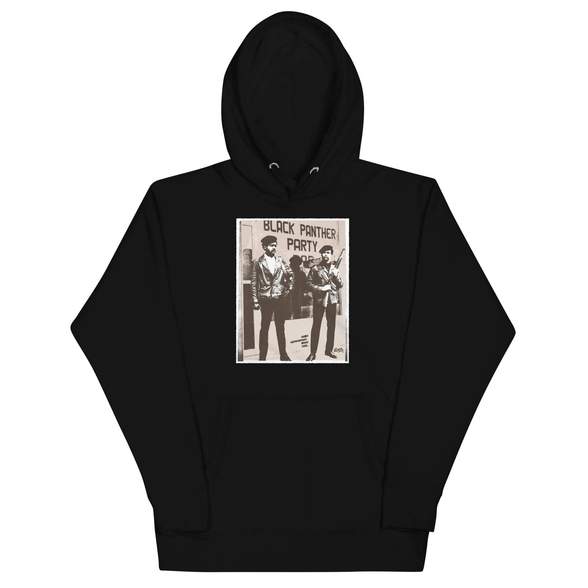 a black hoodie with a picture of Black panthers Bobby Seale and Huey Newton on it