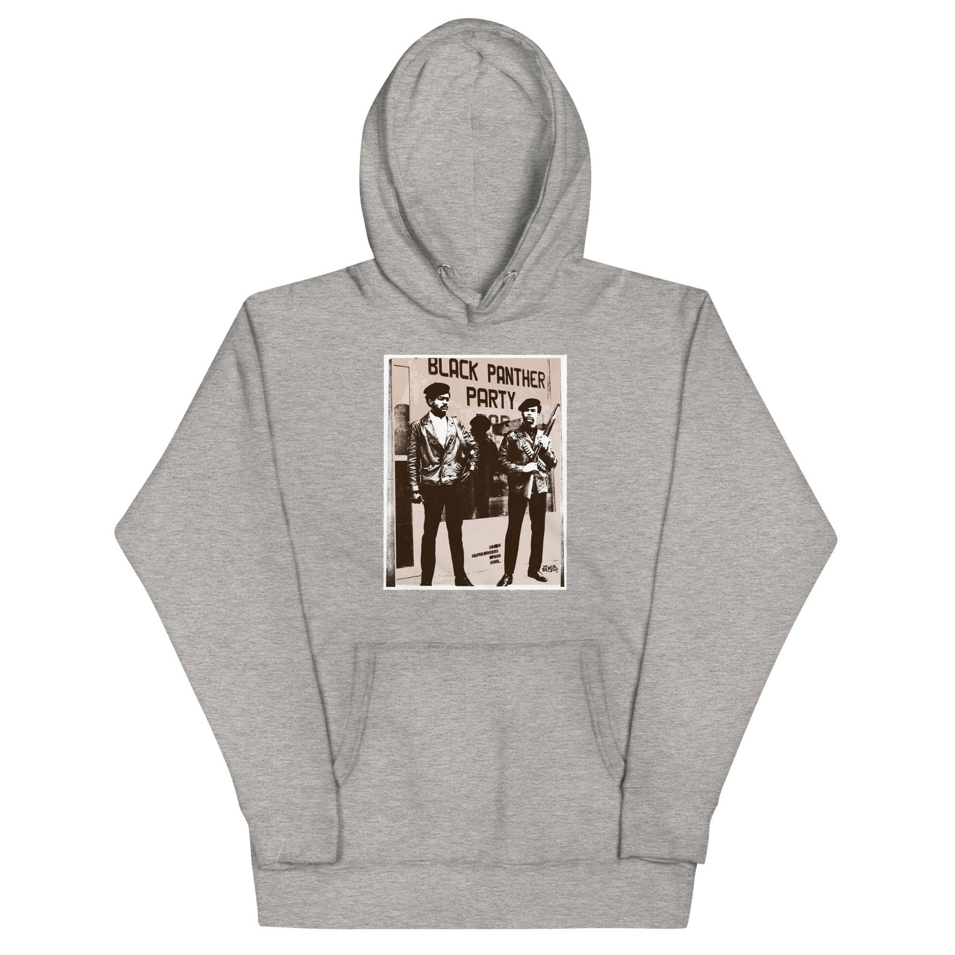 Black Panther Party Vintage Picture Premium Hoodie in gray featuring a historic Black Panther Party image. Stylish and ideal for cold weather.