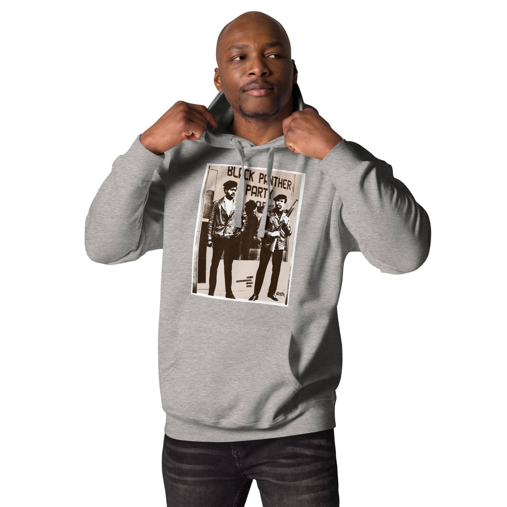 Black Panther Party Vintage Picture Premium Hoodie in gray featuring a historical Black panther image graphic design. Stylish and comfortable for cool weather.