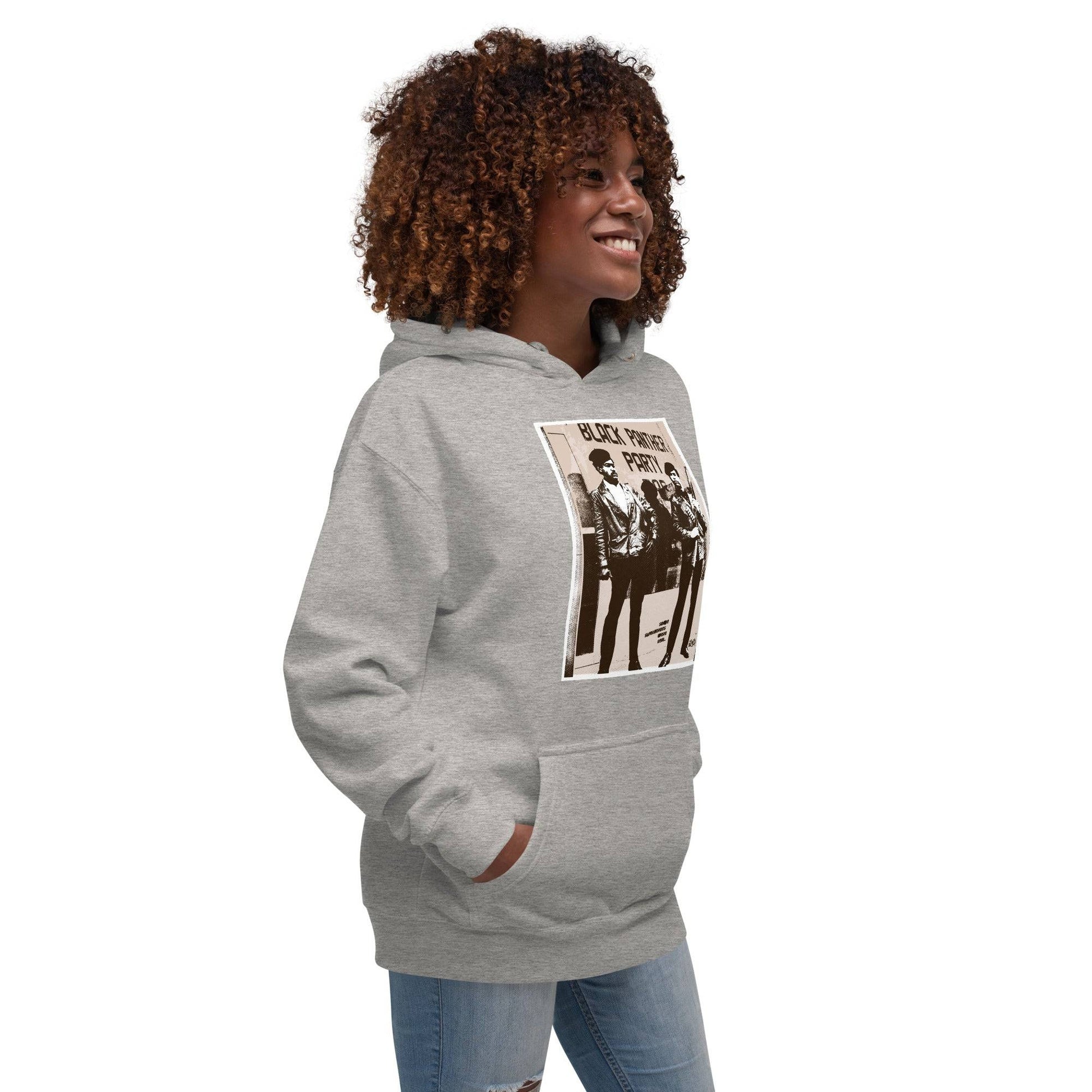 Black Panther Party Vintage Picture Premium Hoodie in gray, featuring a historic Black Panther Party image. Comfortable pullover design for cool weather.