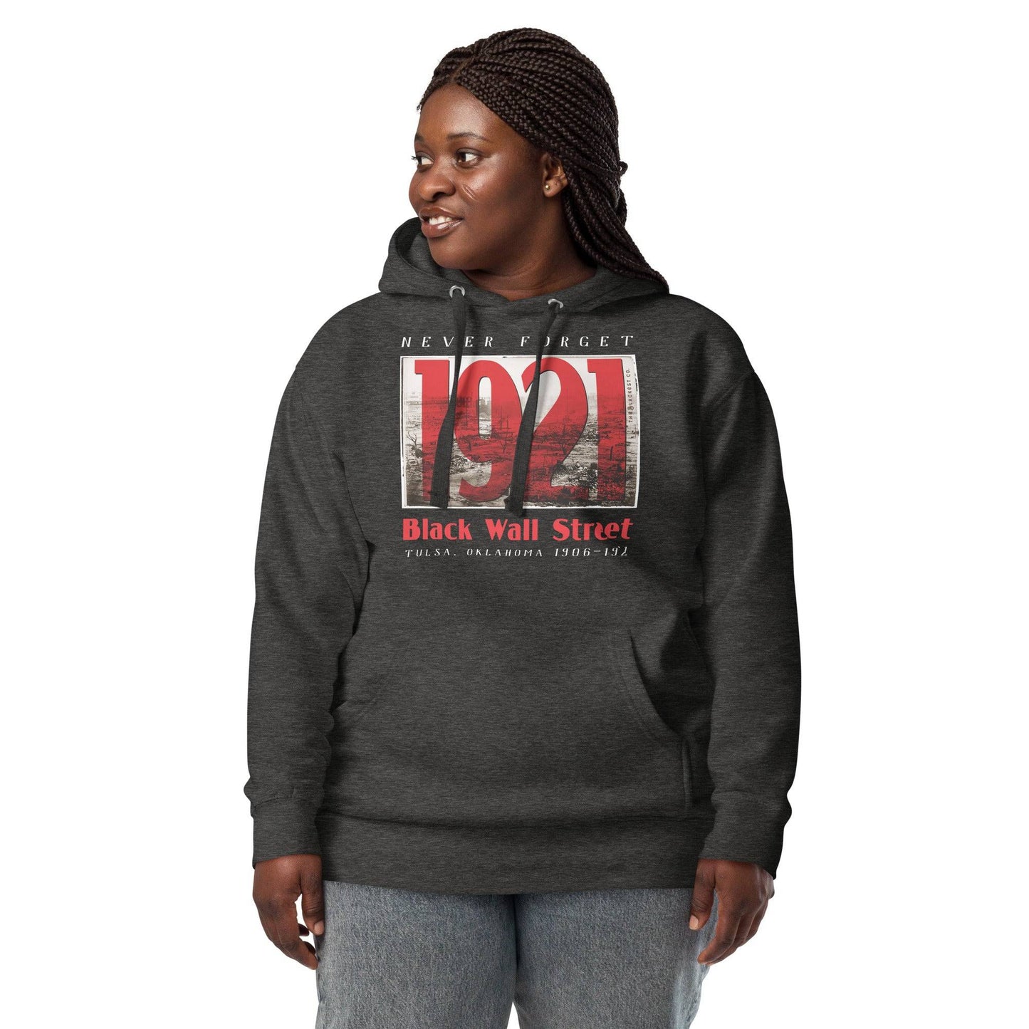 Person wearing Black Wall Street 1921 hoodie