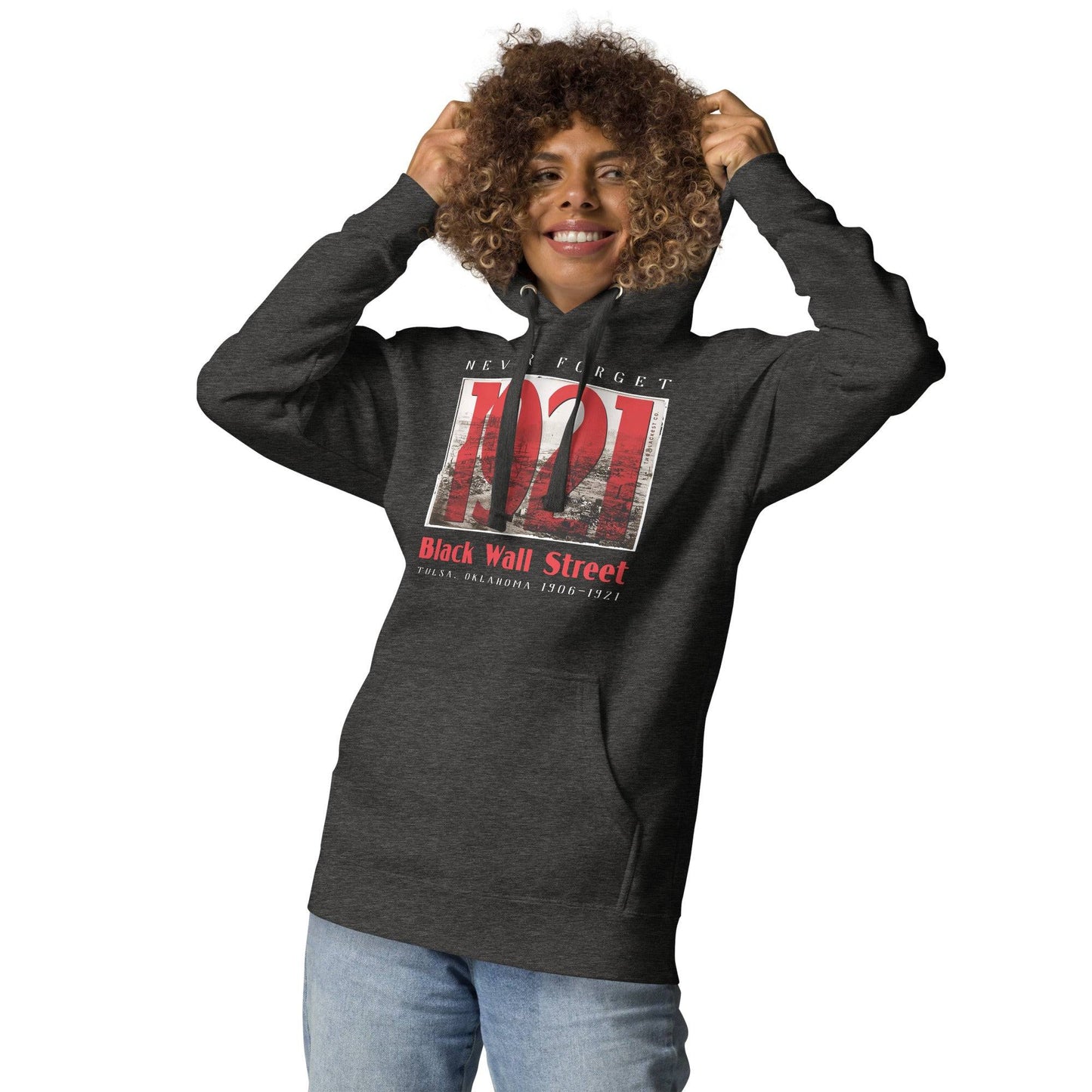 Woman posing in Black Wall Street 1921 hoodie