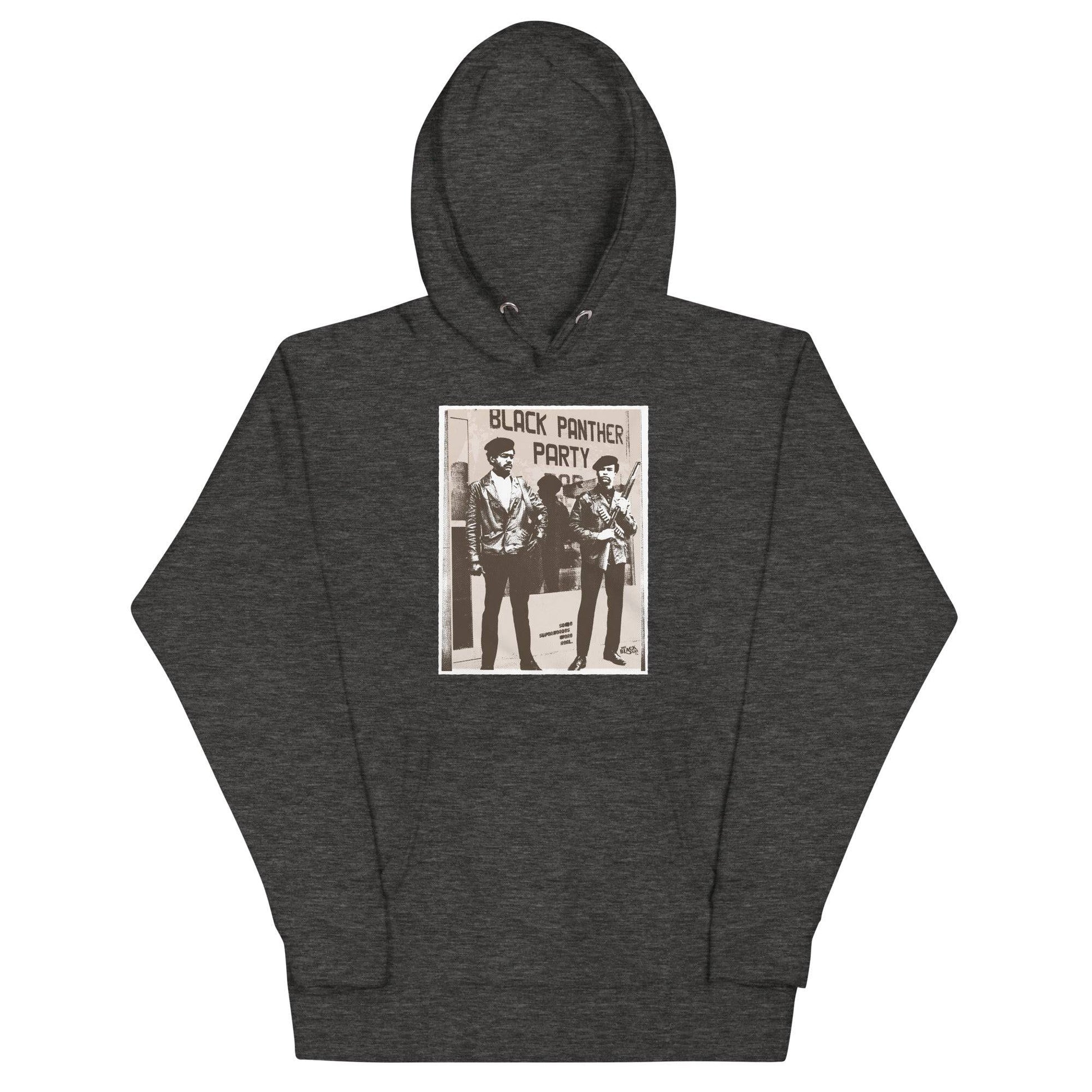 a dark grey hooded sweatshirt with a picture of Black panthers Bobby Seale and Huey Newton on it