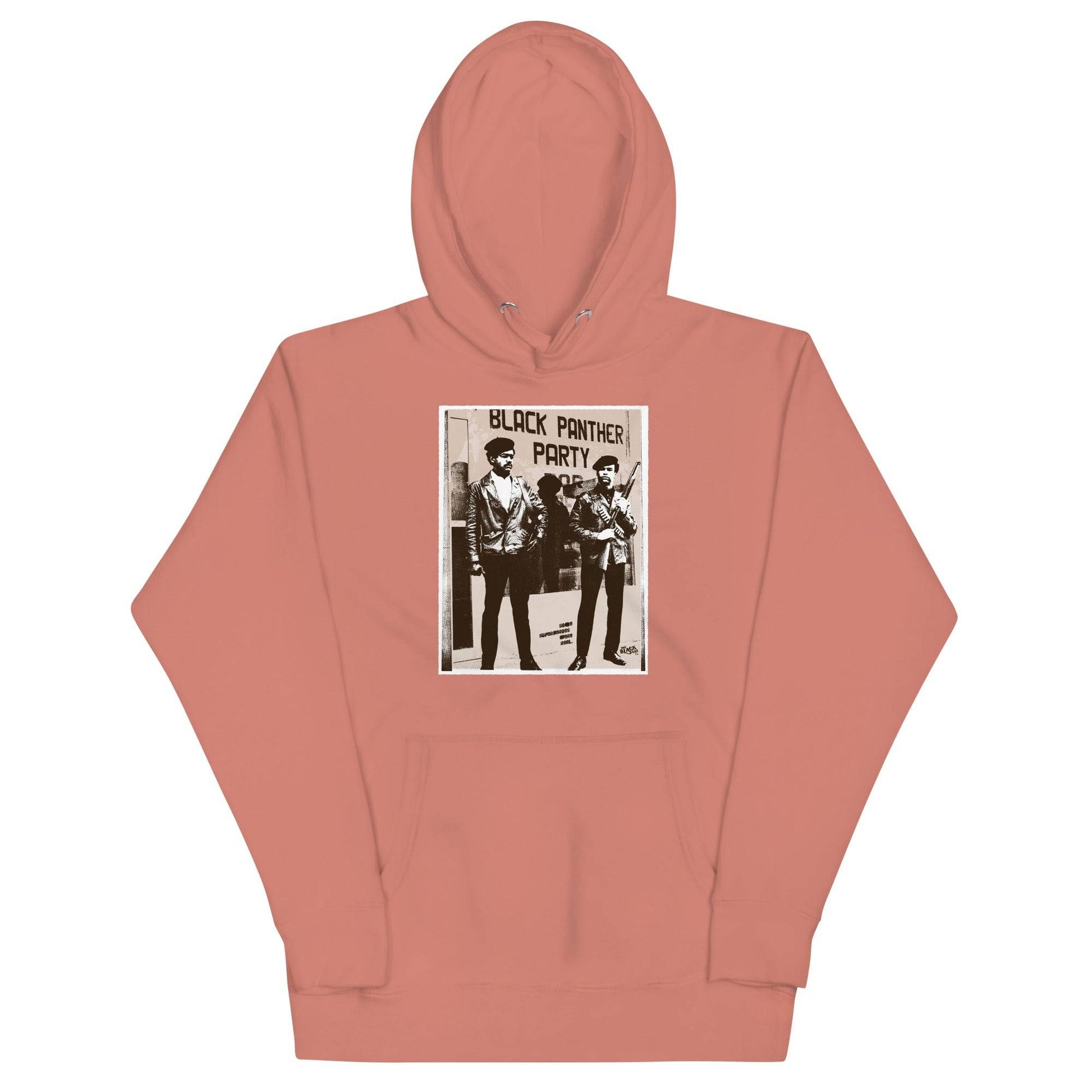 a pink hoodie with a picture of Black panthers Bobby Seale and Huey Newton on it