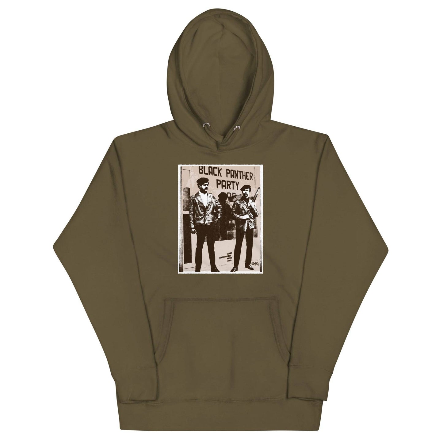 a brown hoodie with a picture of Black panthers Bobby Seale and Huey Newton on it