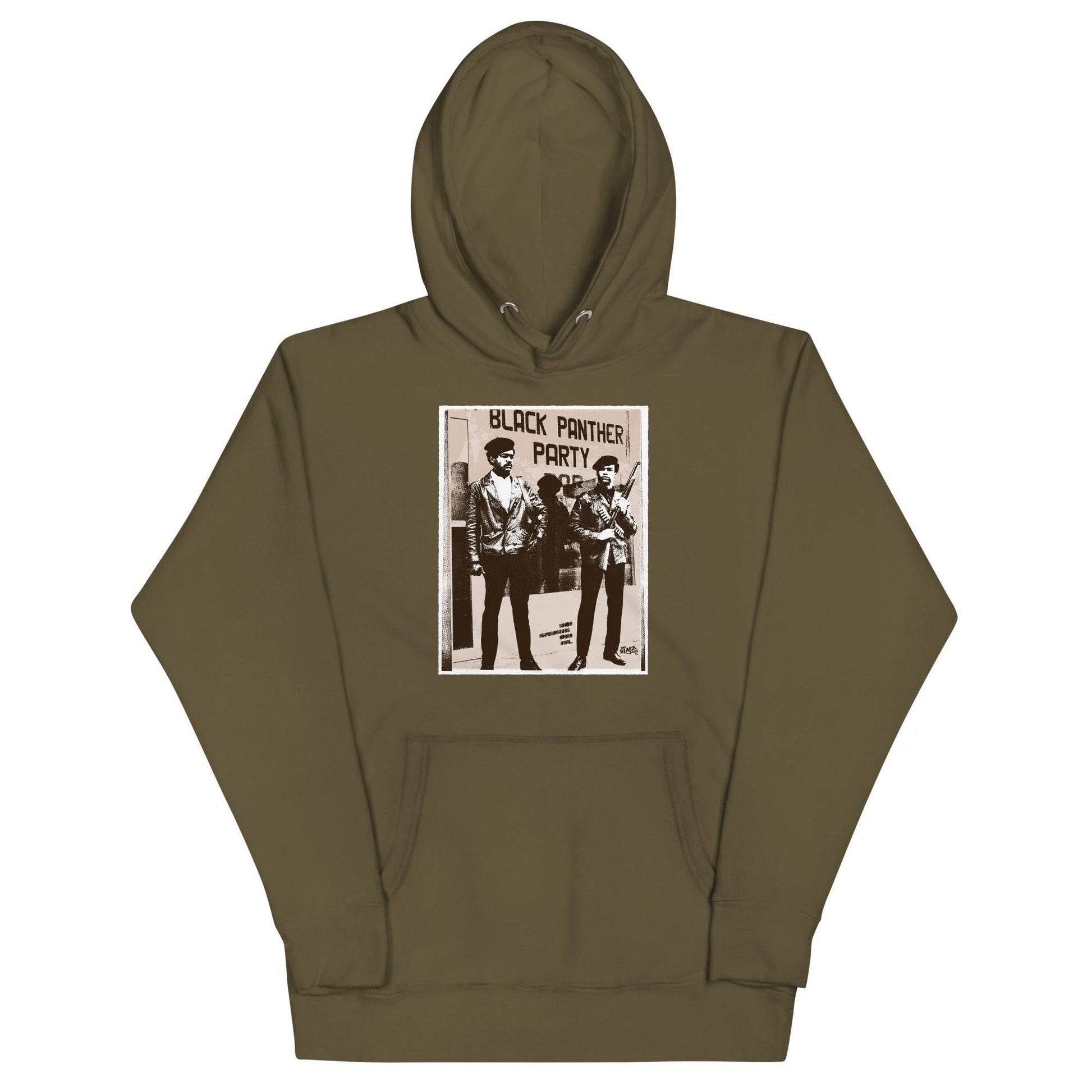 a brown hoodie with a picture of Black panthers Bobby Seale and Huey Newton on it