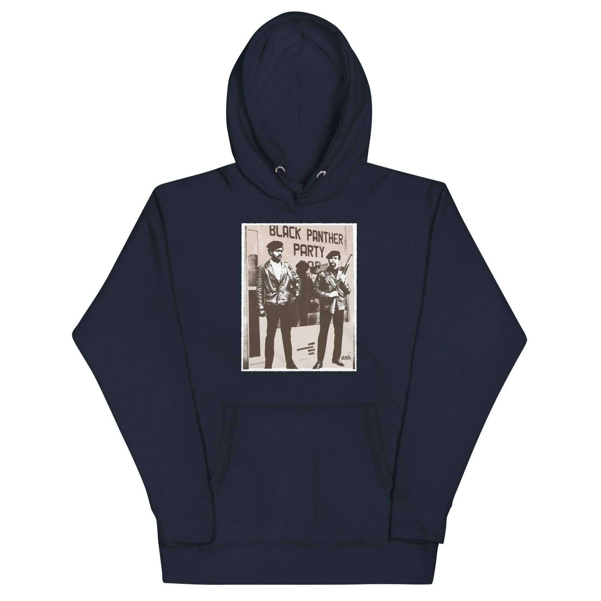 a navy blue hooded sweatshirt with a picture of Black panthers Bobby Seale and Huey Newton standing next to each other