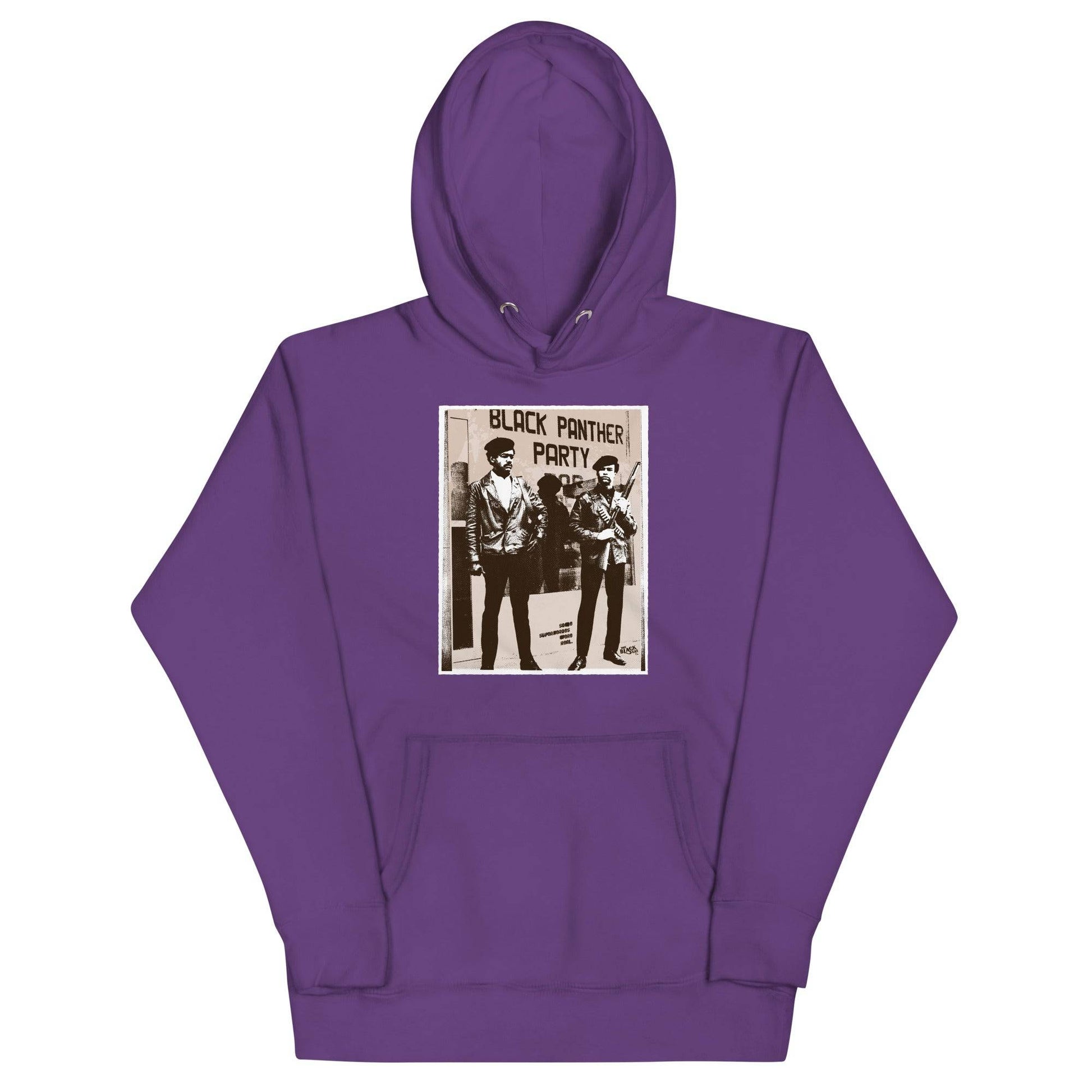 a purple hoodie with a picture of Black panthers Bobby Seale and Huey Newton on it