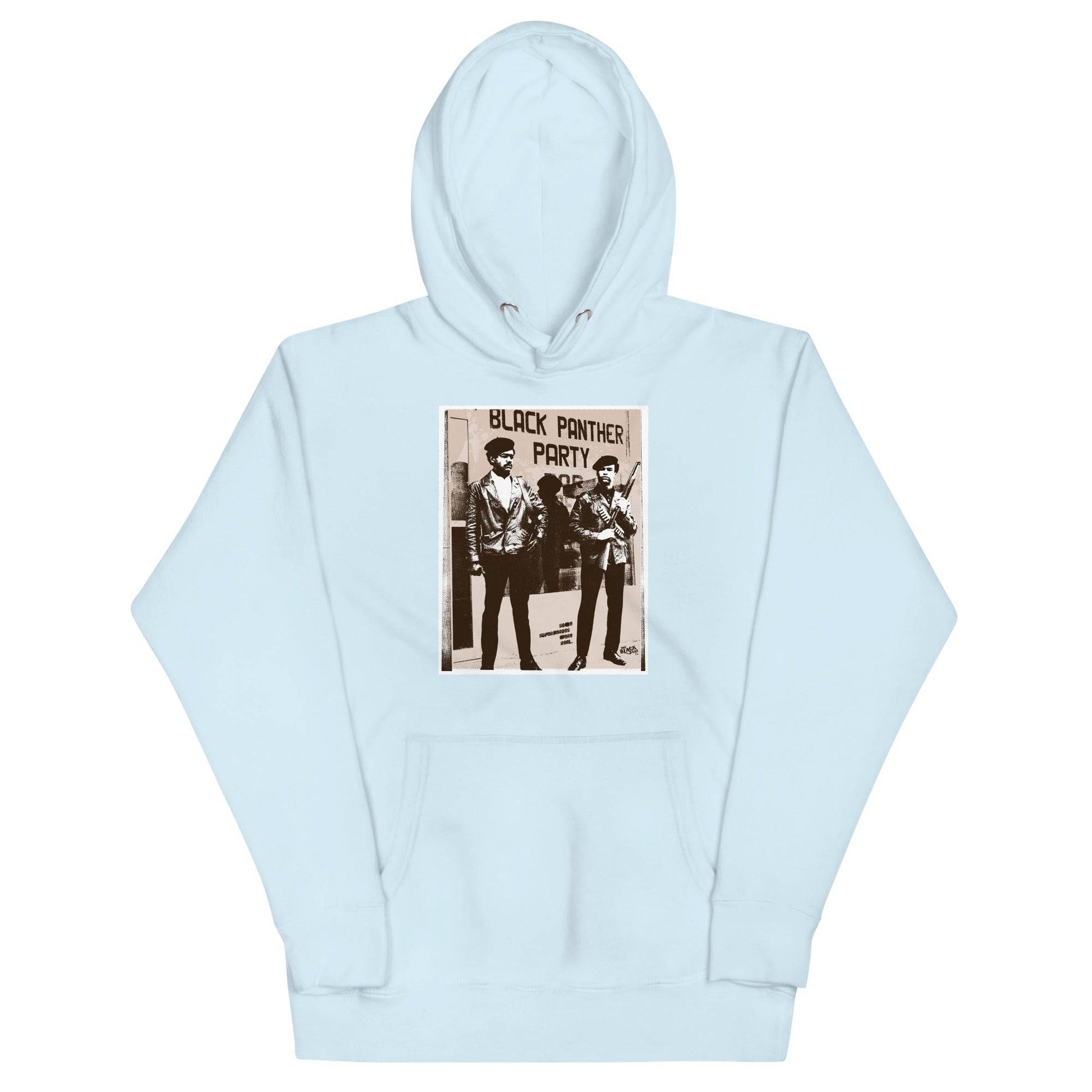 a light blue hoodie with a picture of Black panthers Bobby Seale and Huey Newton standing next to each other