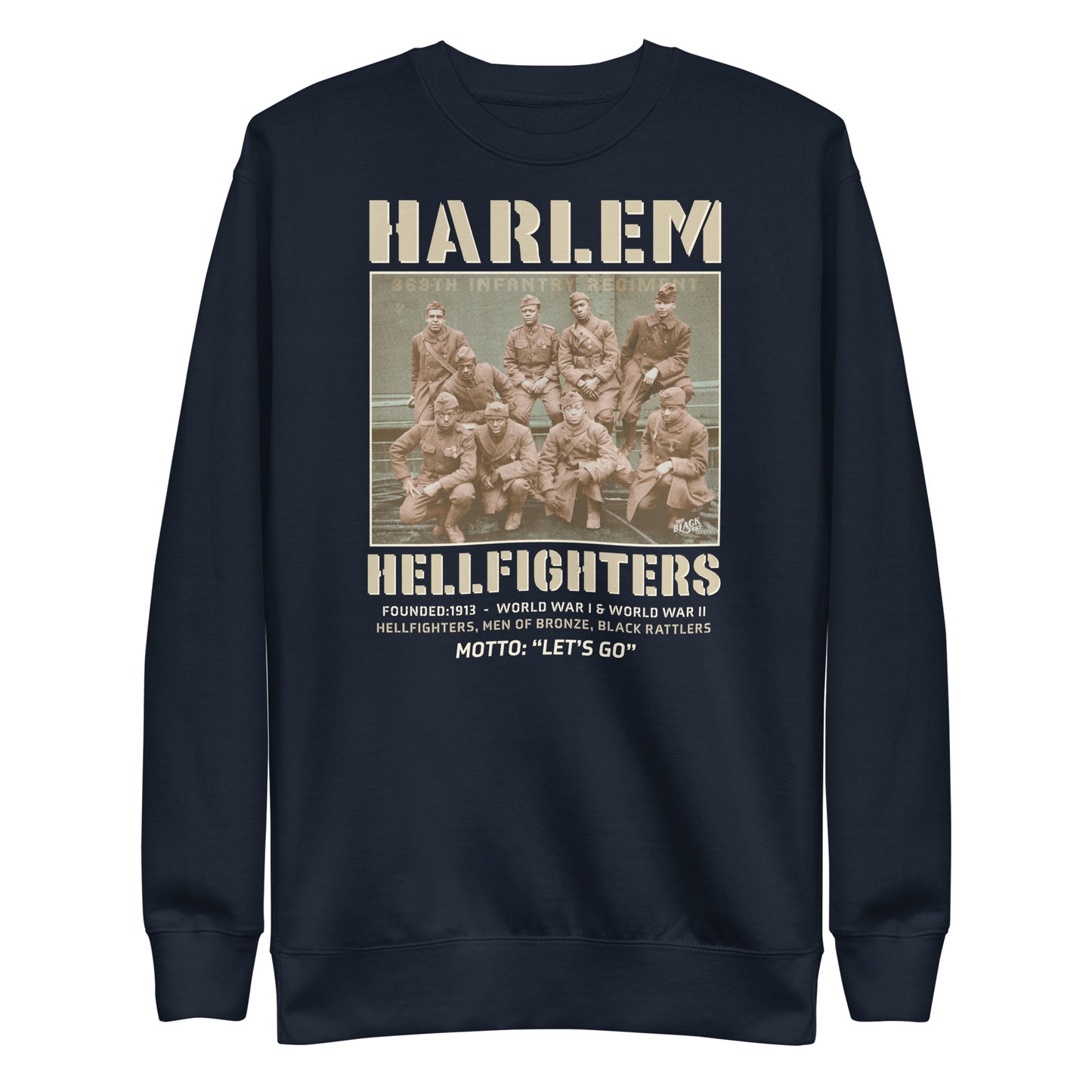 navy premium sweatshirt with a vintage image of wwi soldiers with text that reads harlem hellfighters