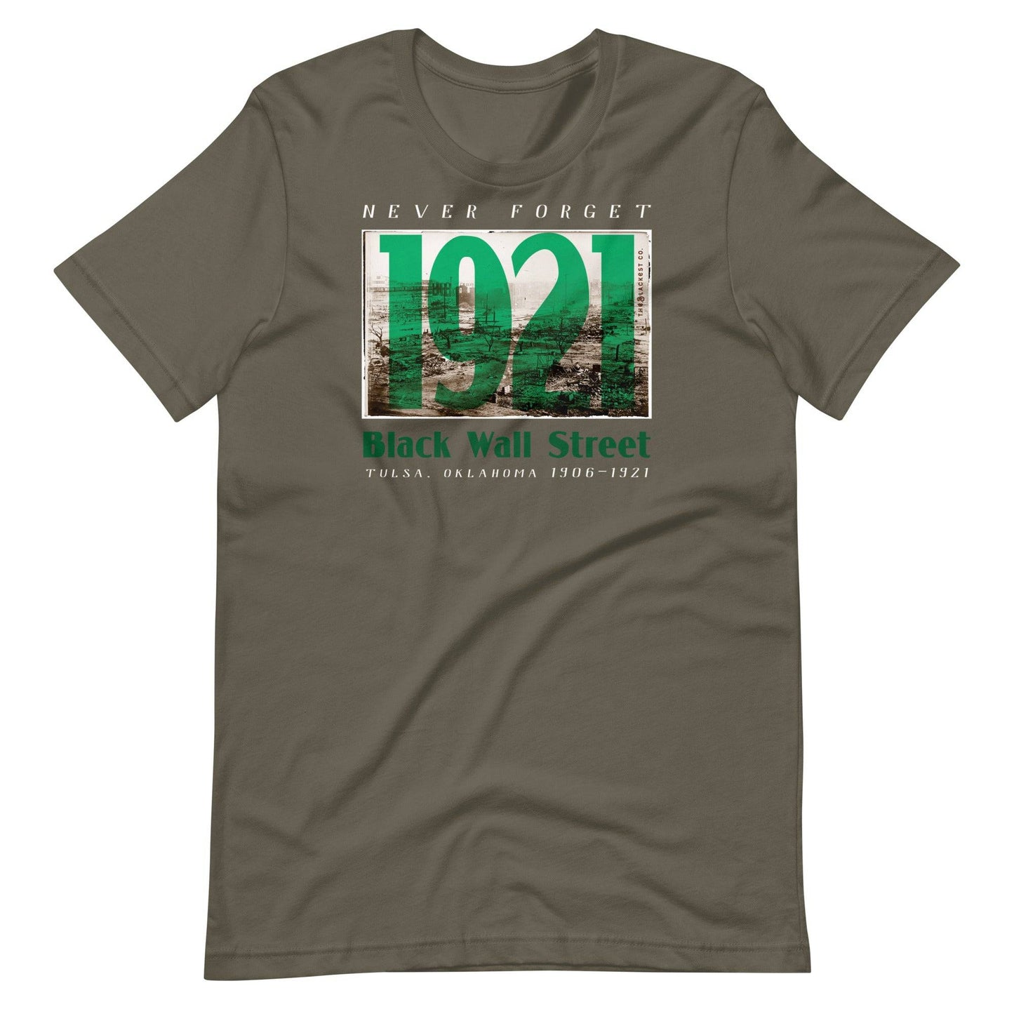 Black Wall Street 1921 t-shirt in olive, vintage design.