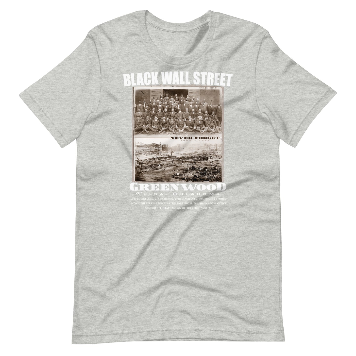 a gray t - shirt with a black wall street vintage photo on it