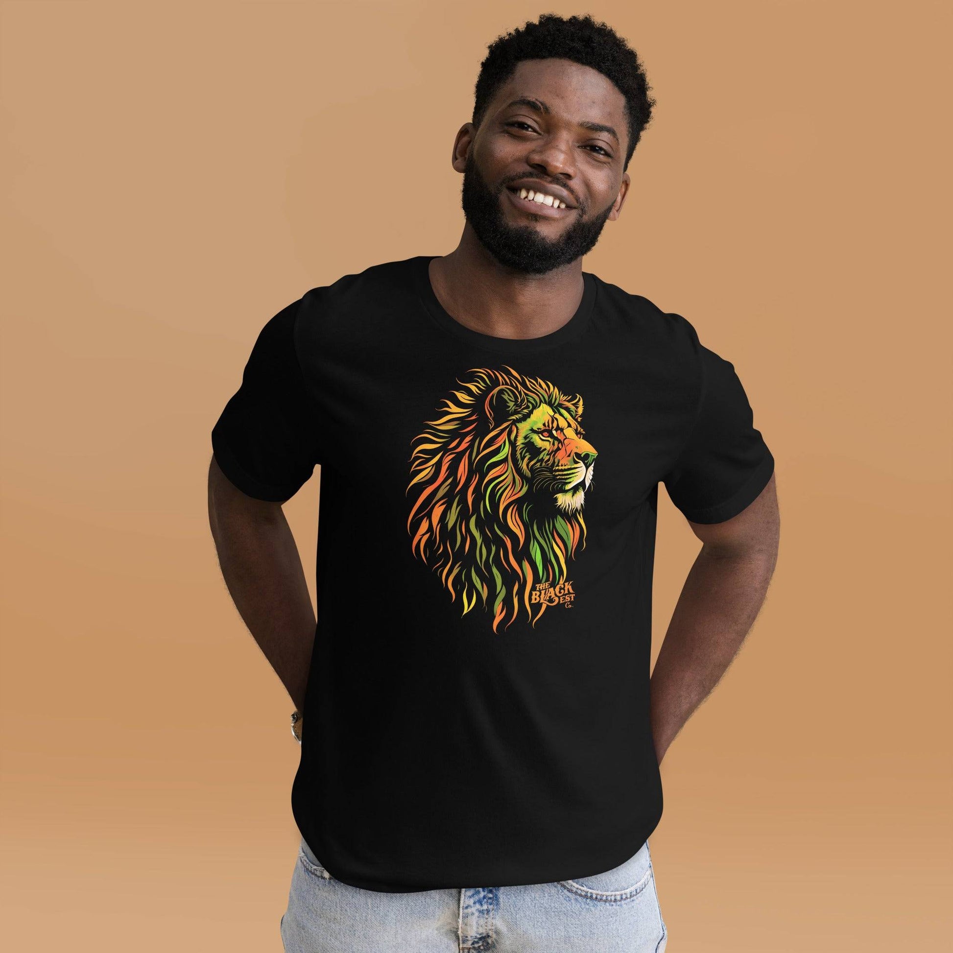 Man wearing black t-shirt with lion head design