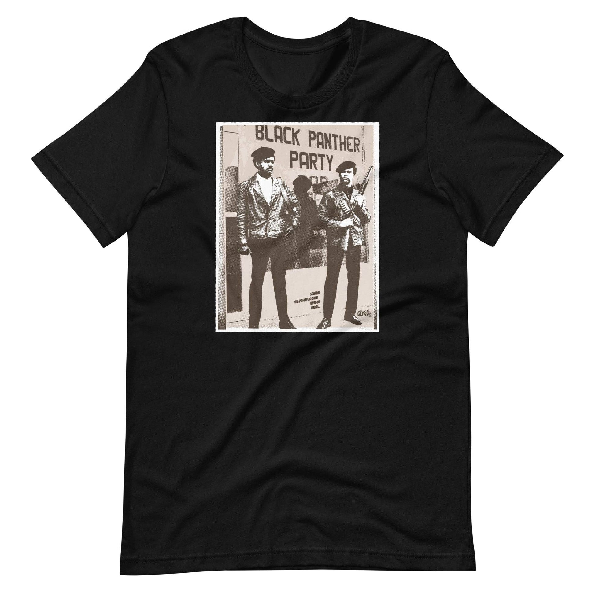 a black t - shirt with a picture of huey newton and bobby seale standing next to each other