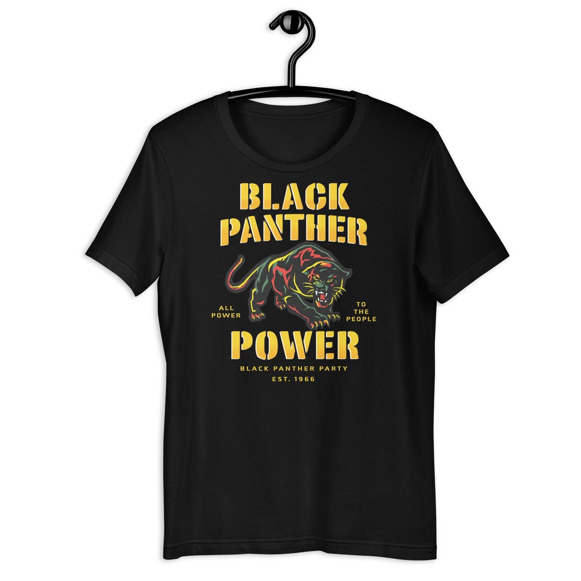 Black Panther Power T-Shirt featuring bold yellow text and a graphic panther design. Unisex, USA-made, soft cotton, celebrating Black History.