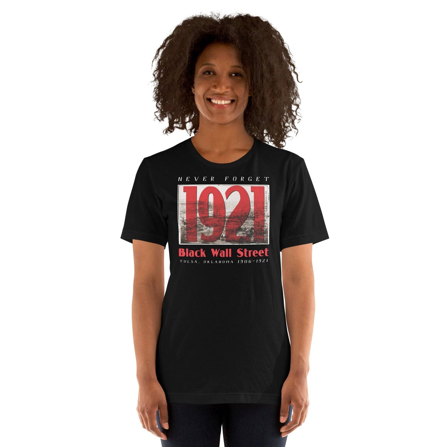 Woman smiling in Black Wall Street 1921 t-shirt