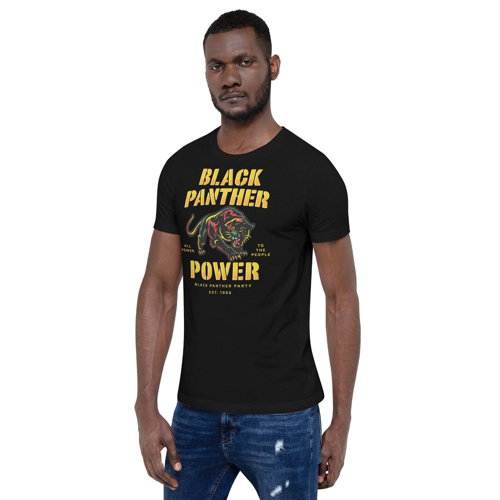 Black Panther Power T-Shirt featuring bold yellow text, a graphic panther design, and 'BPP 1966' logo. Unisex, black cotton, USA-made.