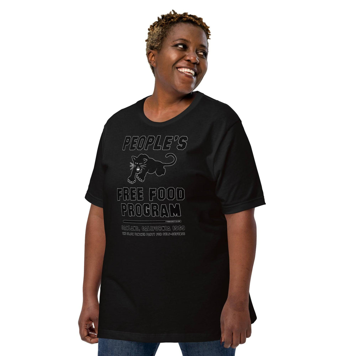 Black On Black BPP Free Food Program Fashion Unisex T-shirt modeled by woman in casual pose, celebrating Black Panther legacy and unity.
