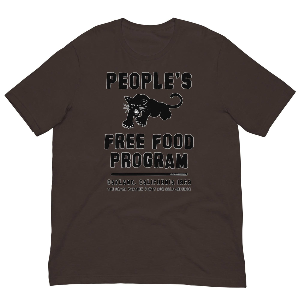 Brown version of Black On Black BPP Free Food Program Fashion Unisex T-shirt with bold activist text and panther graphic, laid flat.