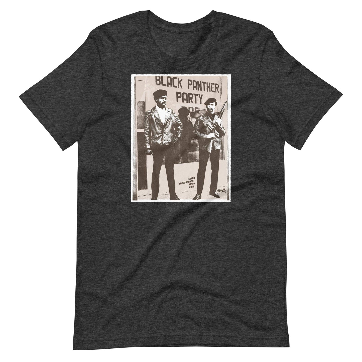 Black Panther Party vintage image unisex premium t-shirt featuring a historic black-and-white graphic of huey newton and bobby seale standing in front of headquarters. Perfect for Black History Month or gifting, this premium fit t-shirt celebrates Black history and culture.