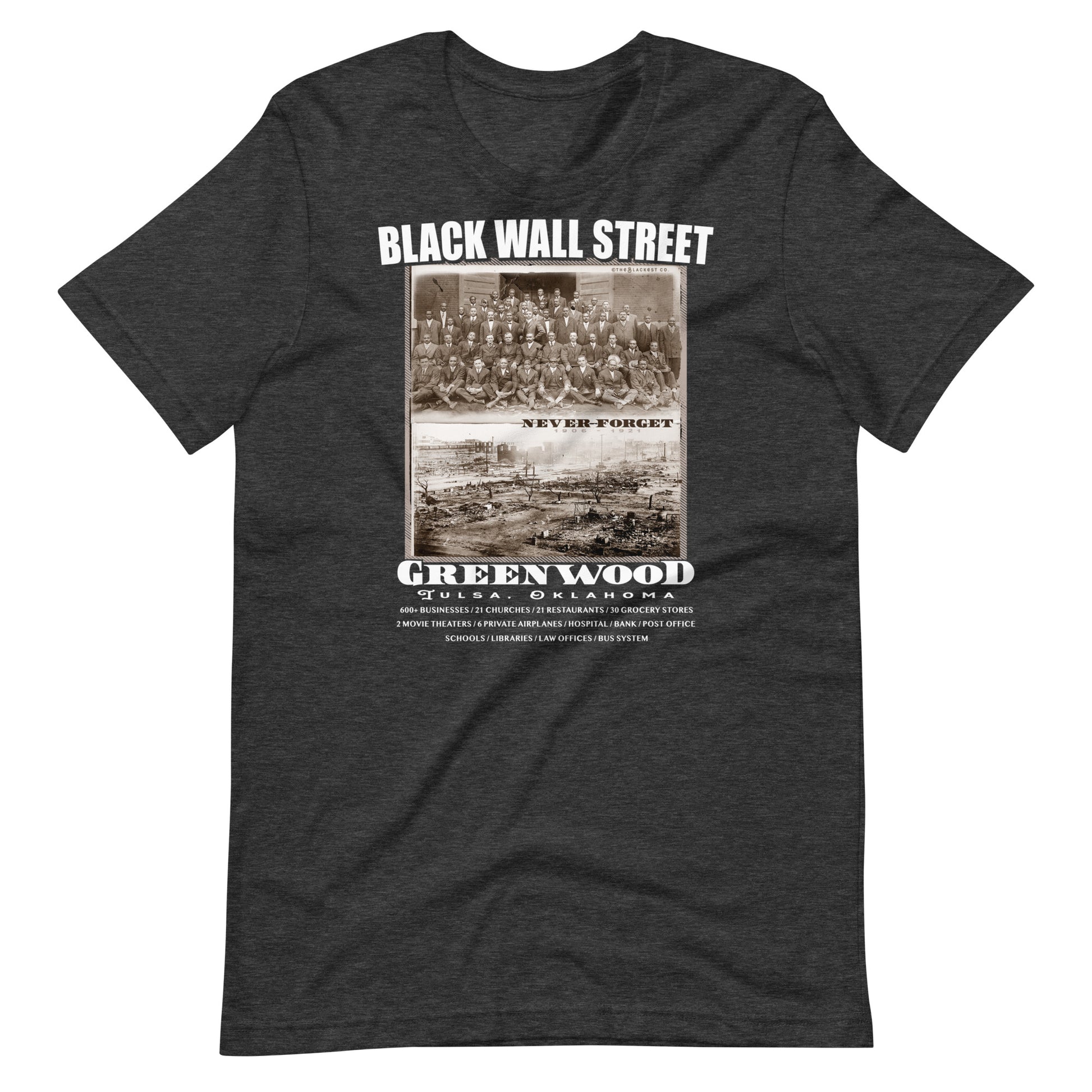 a black wall street t - shirt with an old photo of before and after