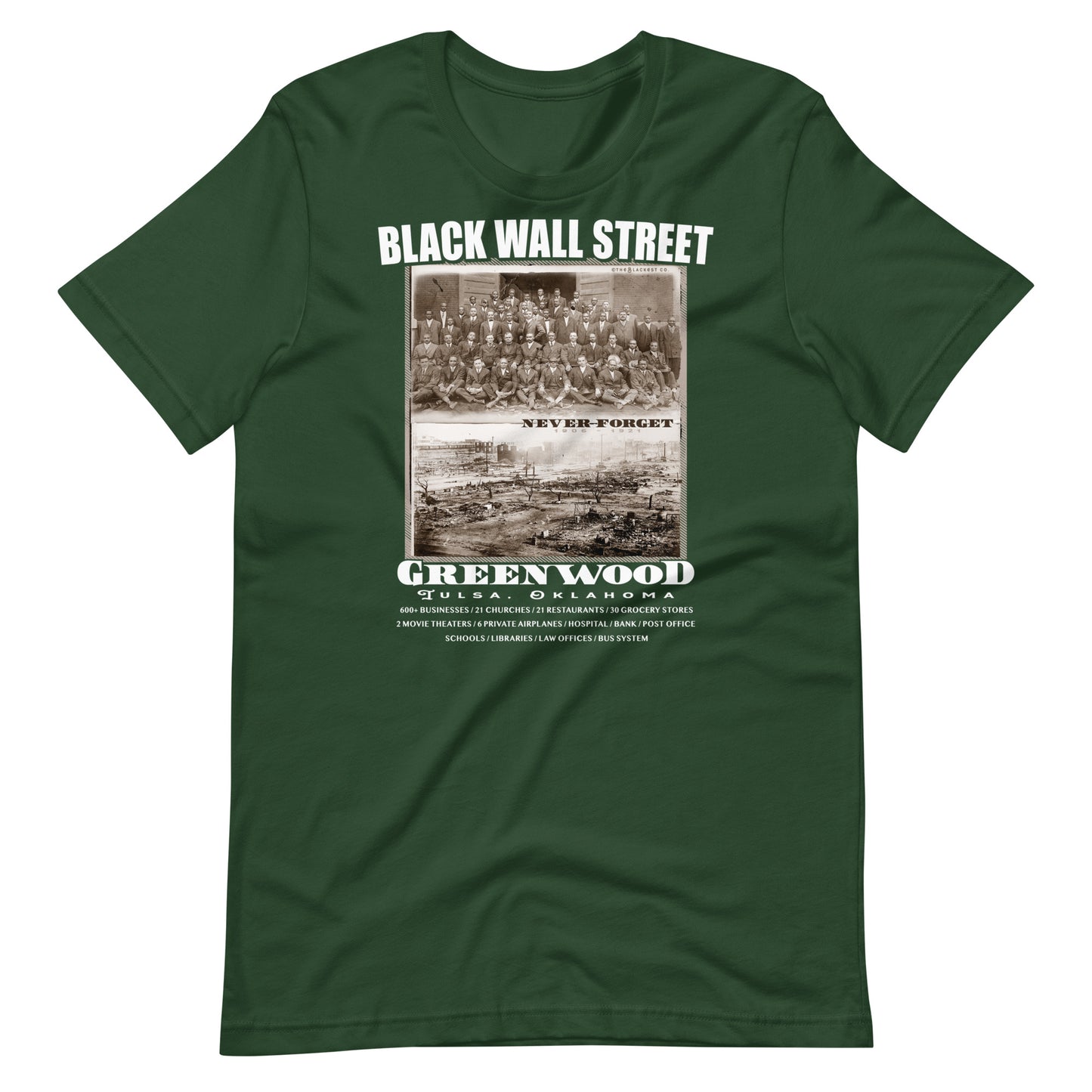 a green t - shirt with a black wall street vintage photo on it