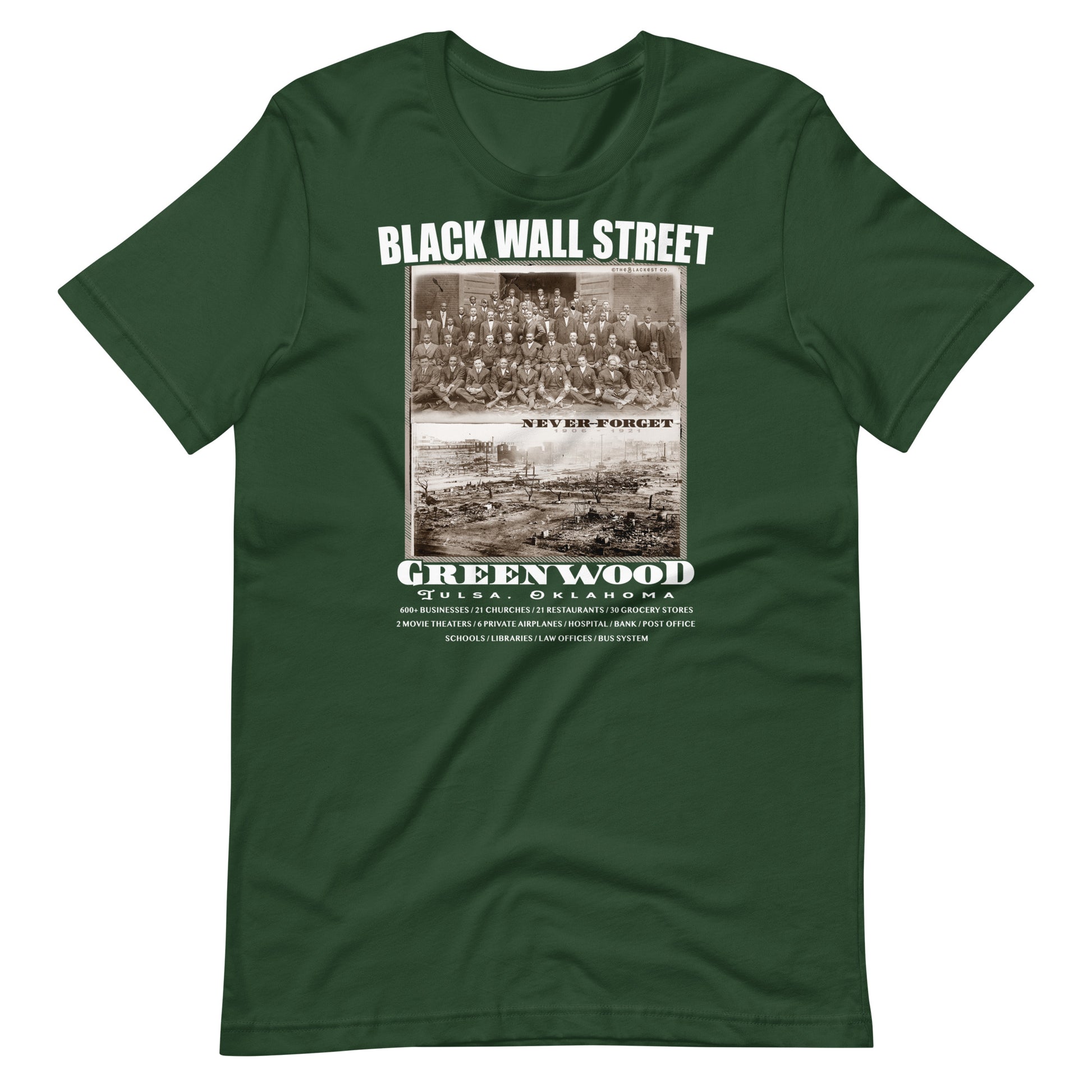 a green t - shirt with a black wall street vintage photo on it