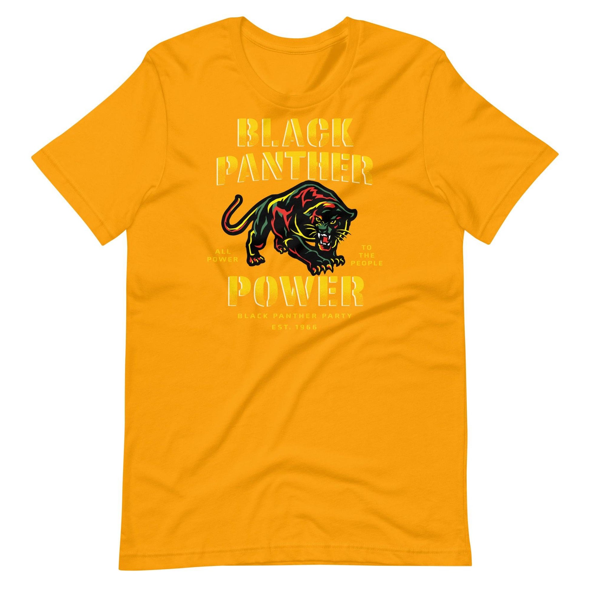 a yellow t - shirt with black panther power on it