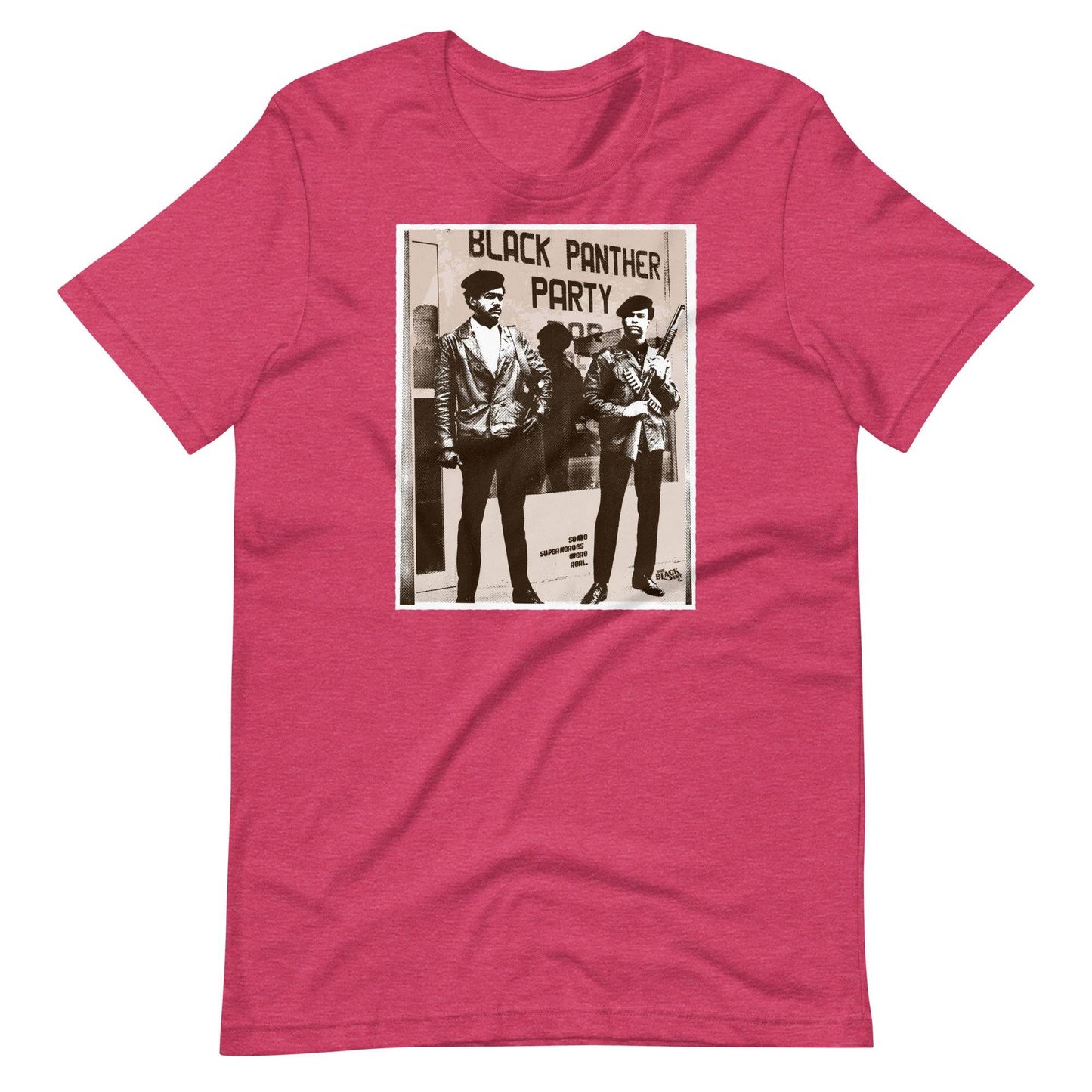 a pink t - shirt with a picture of huey newton and bobby seale standing next to each other