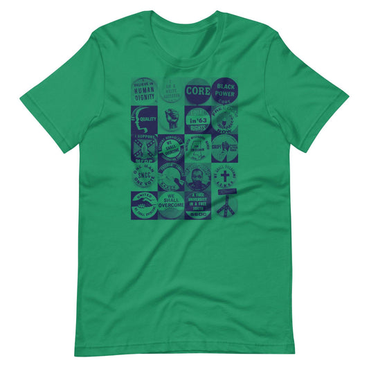 Green unisex t-shirt featuring a graphic design of civil rights buttons with slogans like 'Black Power' and 'We Shall Overcome.' Made from 100% cotton, lightweight, and pre-shrunk.