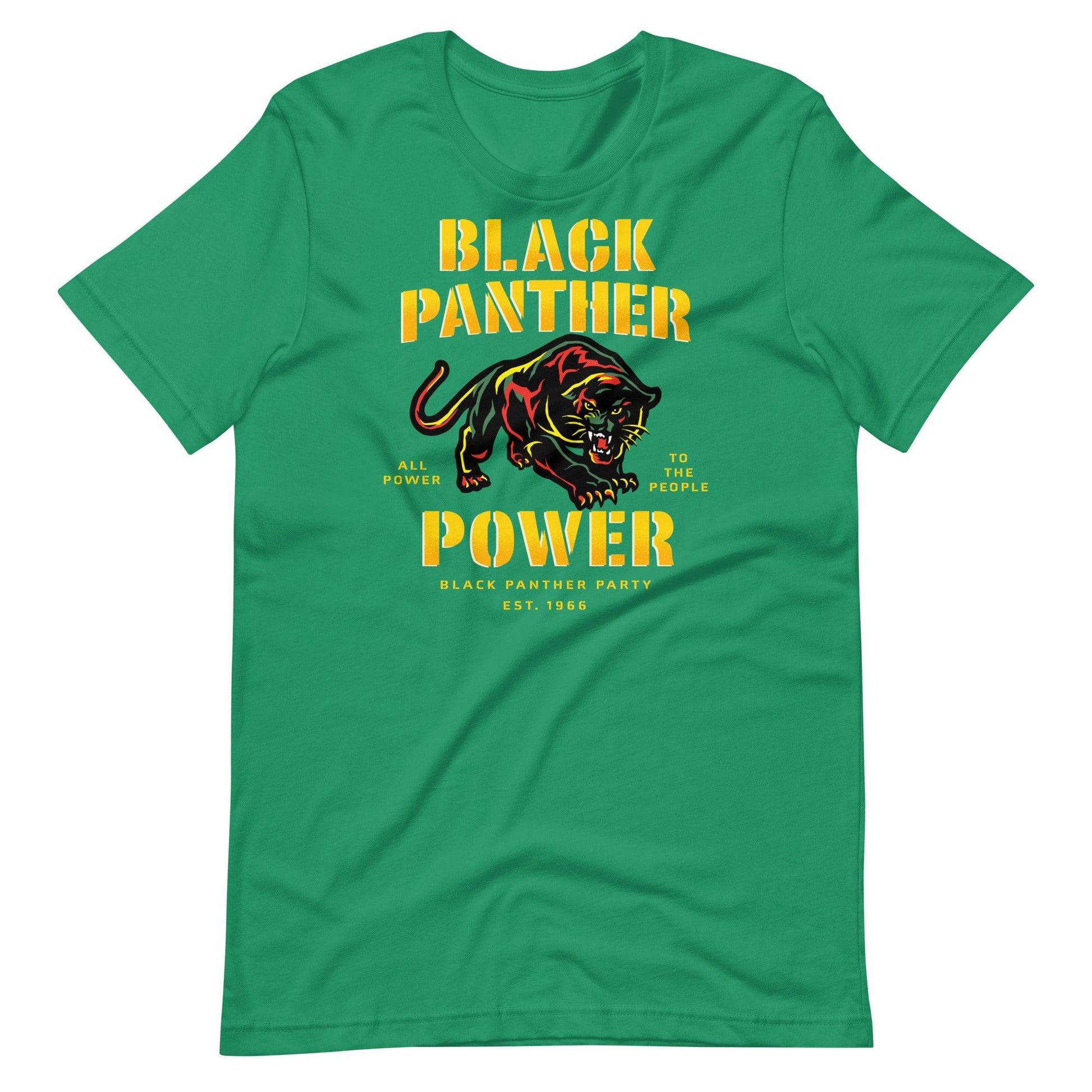 a green t - shirt with black panther power on it