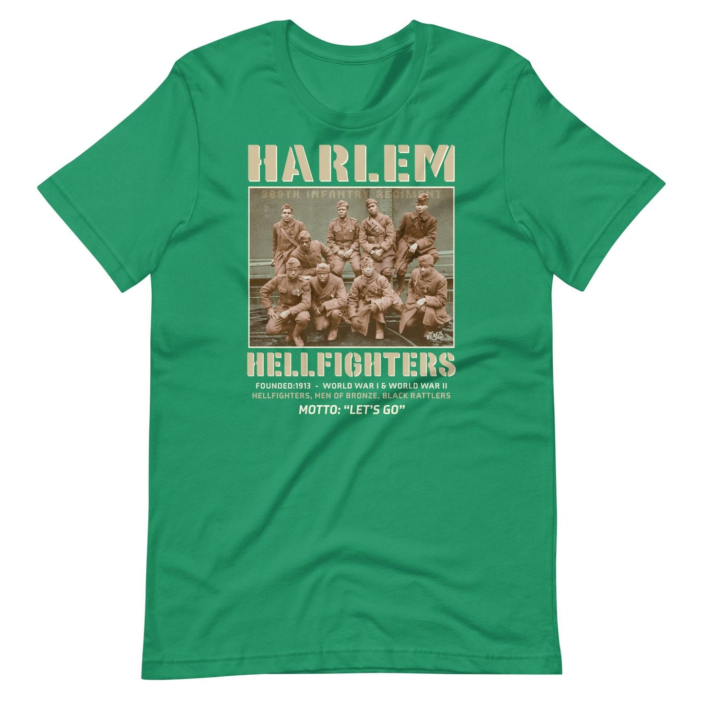 kelly green t shirt with an image of the harlem hellfighters graphic design
