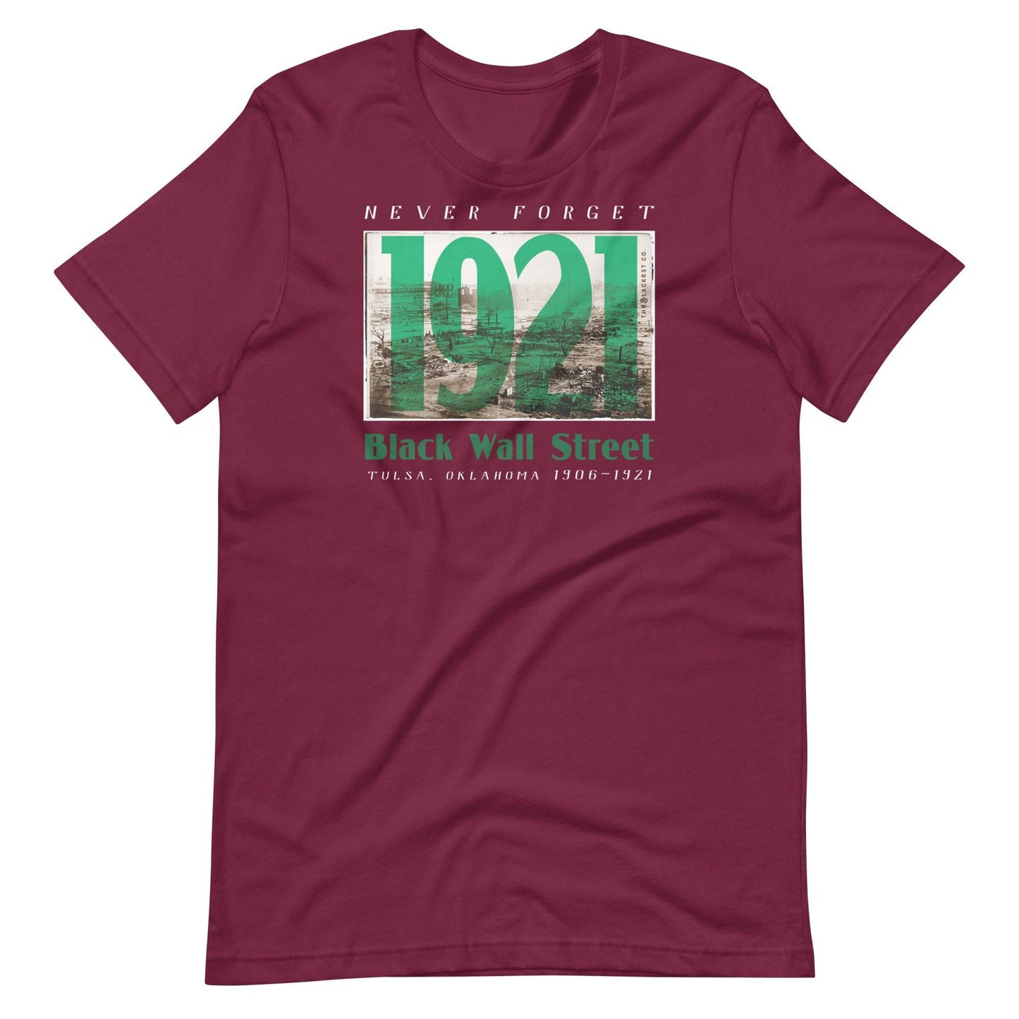 Black Wall Street 1921 t-shirt in maroon, vintage design.