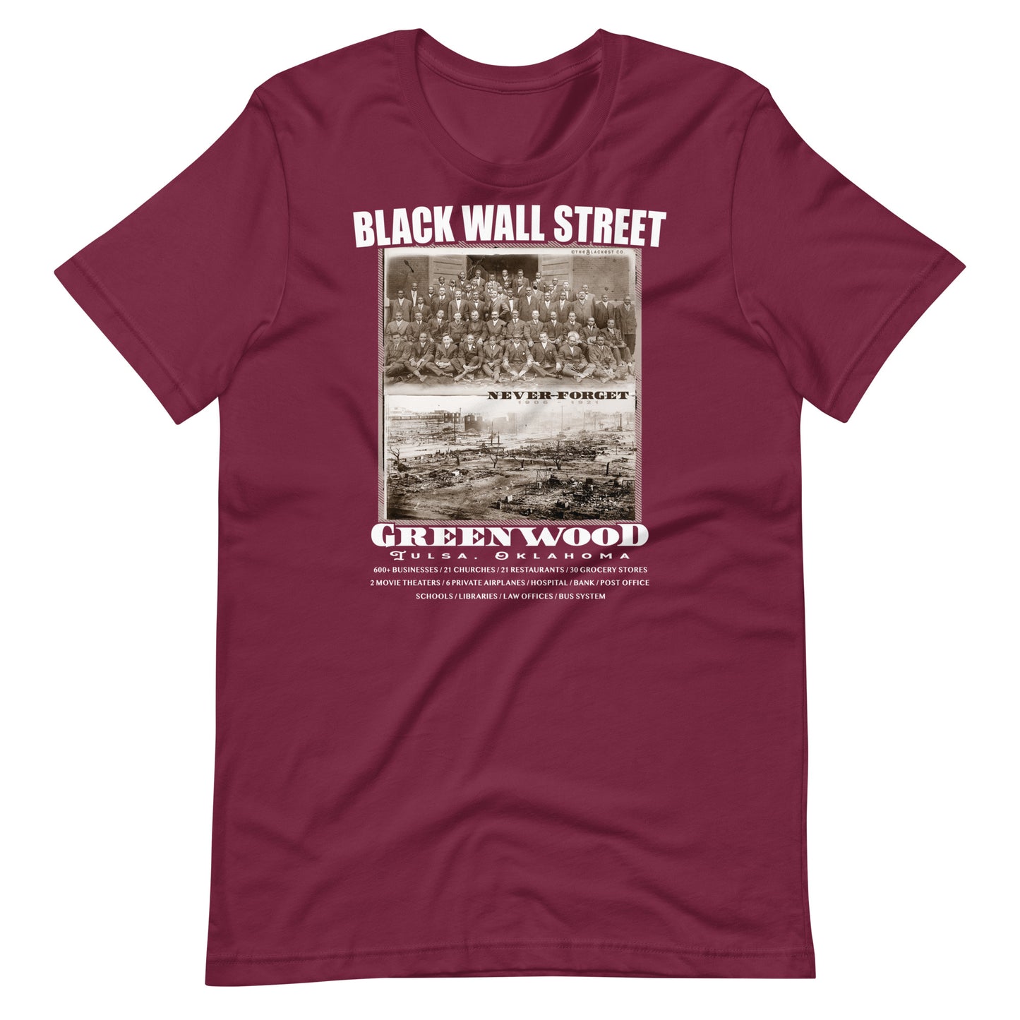 a red t - shirt with a black wall street vintage photo on it