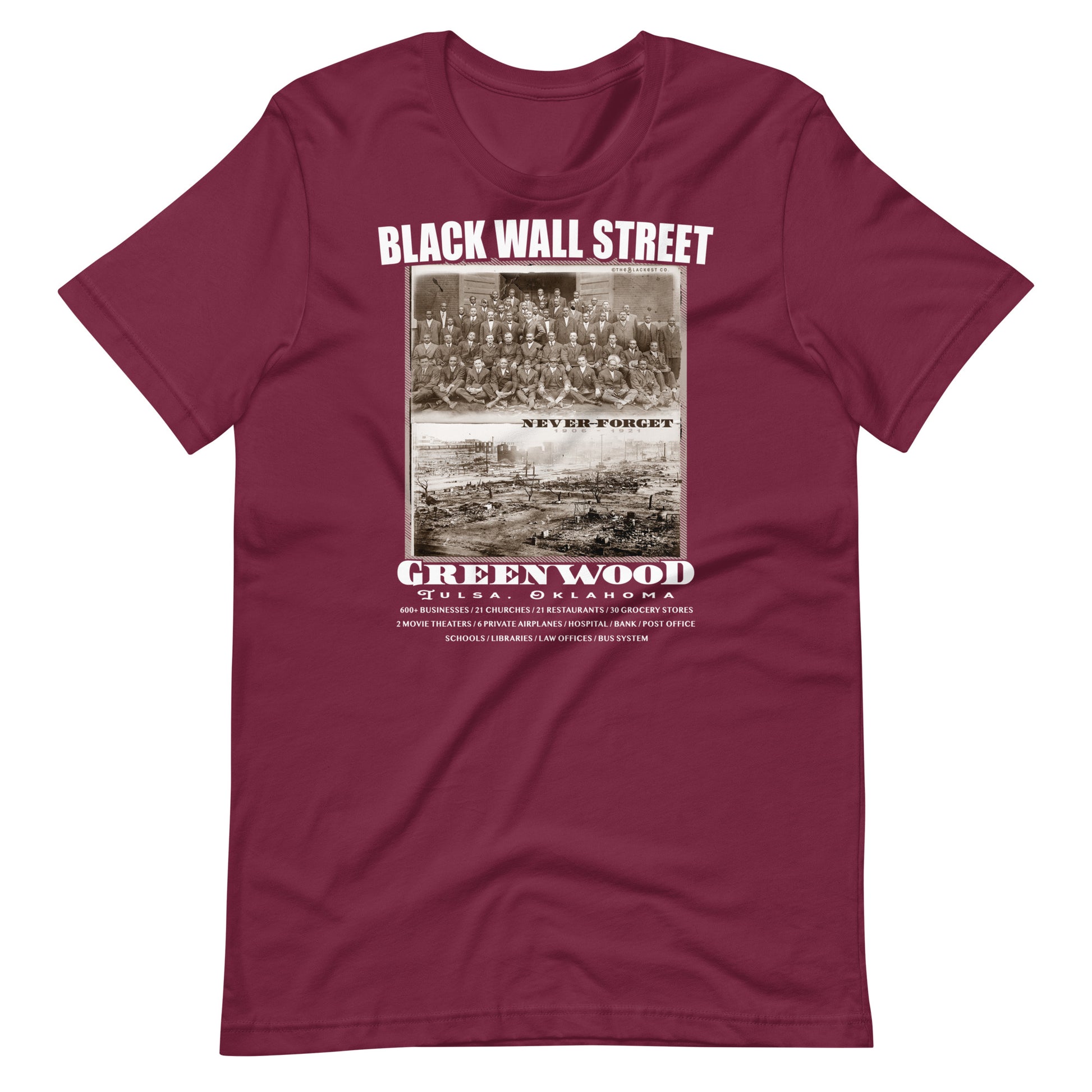 a red t - shirt with a black wall street vintage photo on it