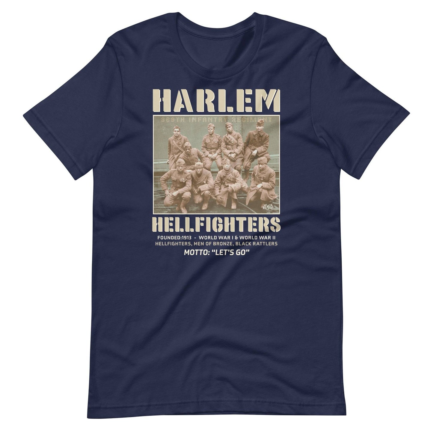 black t shirt with an image of the harlem hellfighters graphic design