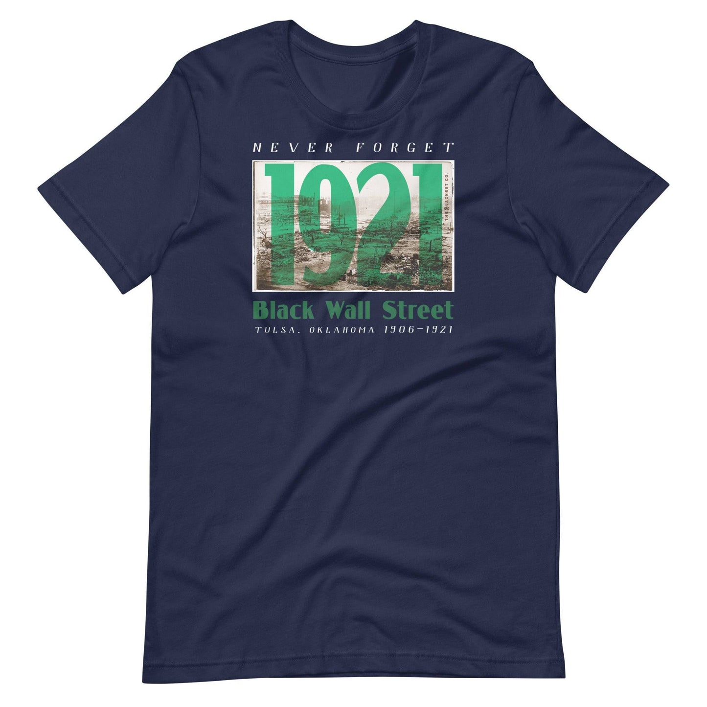 Black Wall Street 1921 t-shirt in navy blue, vintage design.