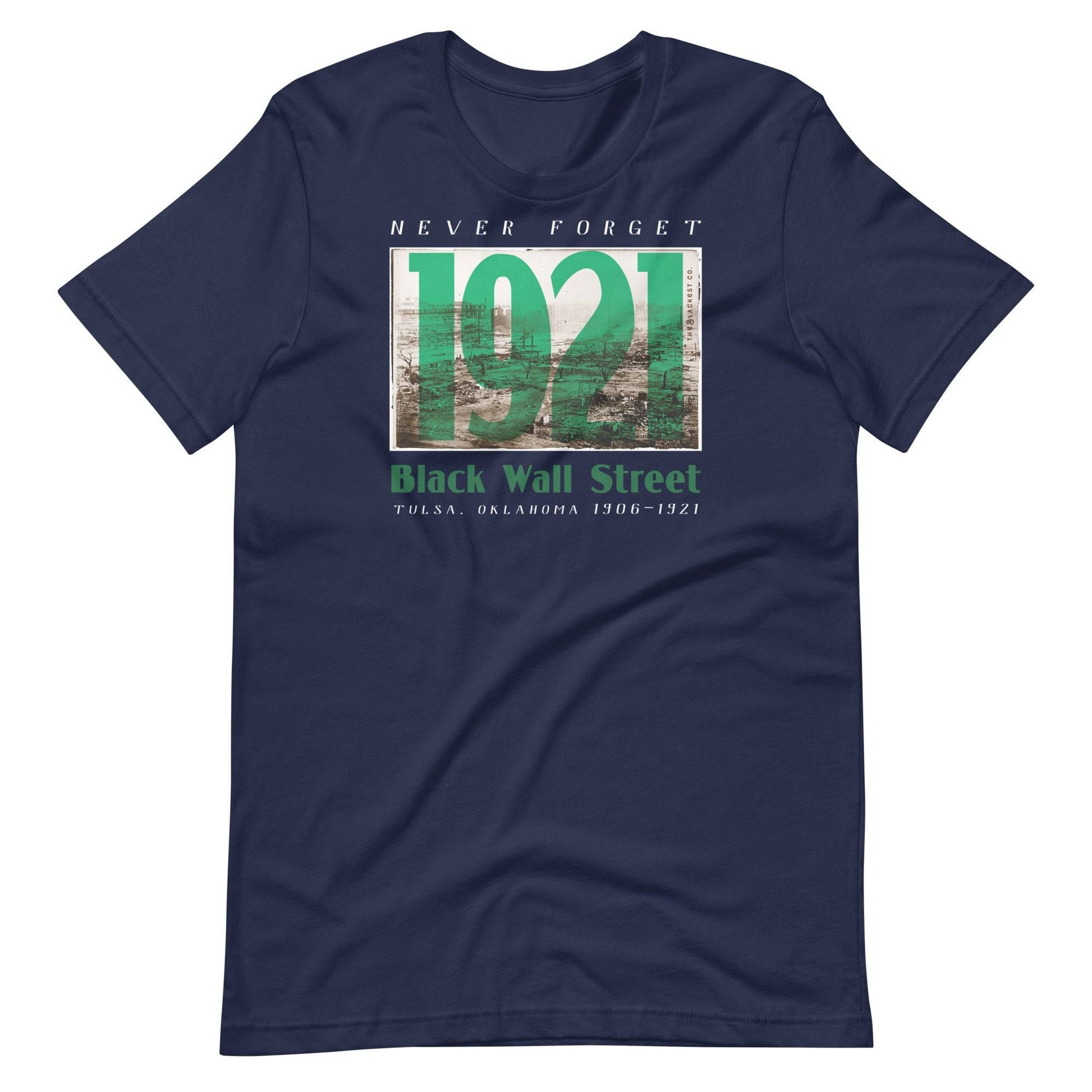 Black Wall Street 1921 t-shirt in navy blue, vintage design.