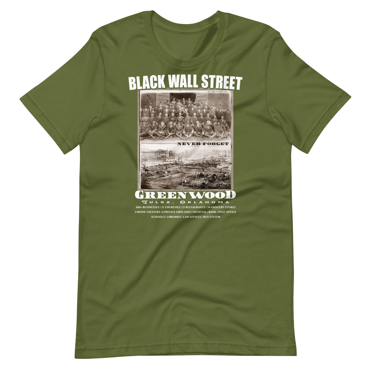 a green t - shirt with a black wall street vintage photo on it