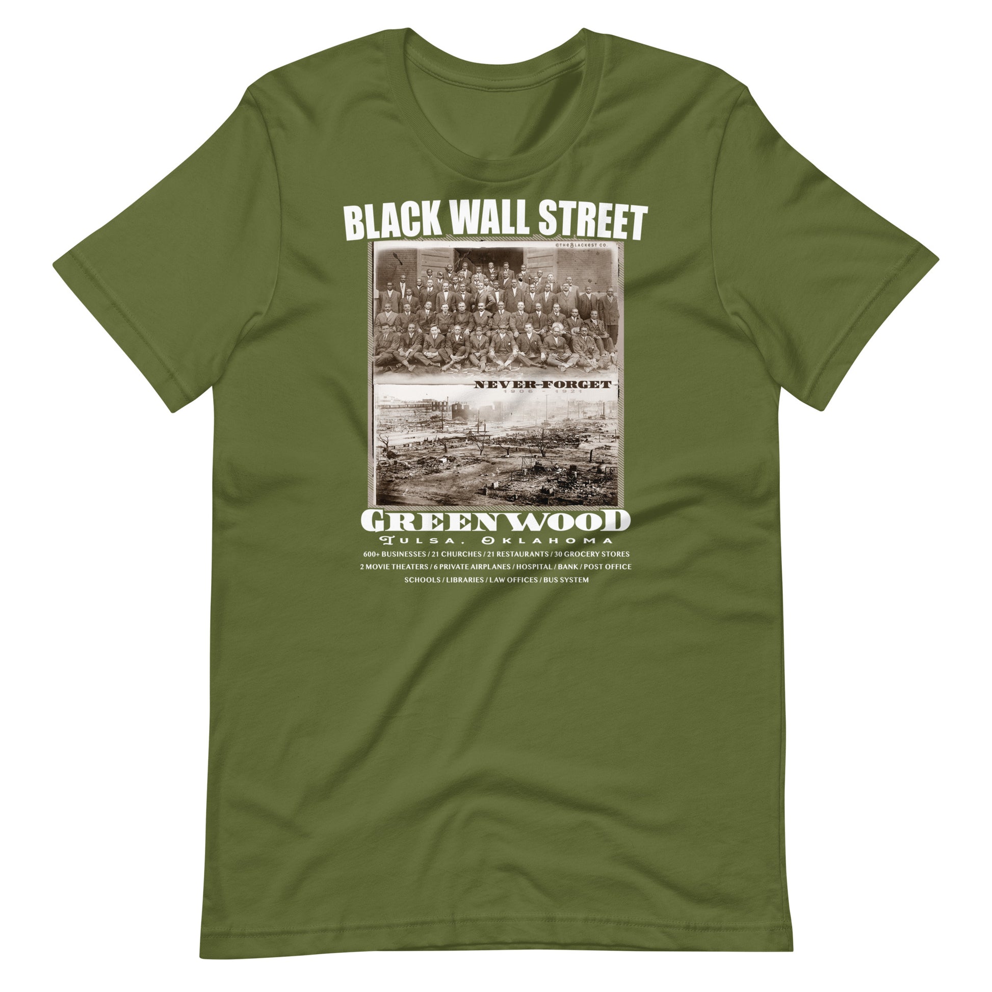 a green t - shirt with a black wall street vintage photo on it