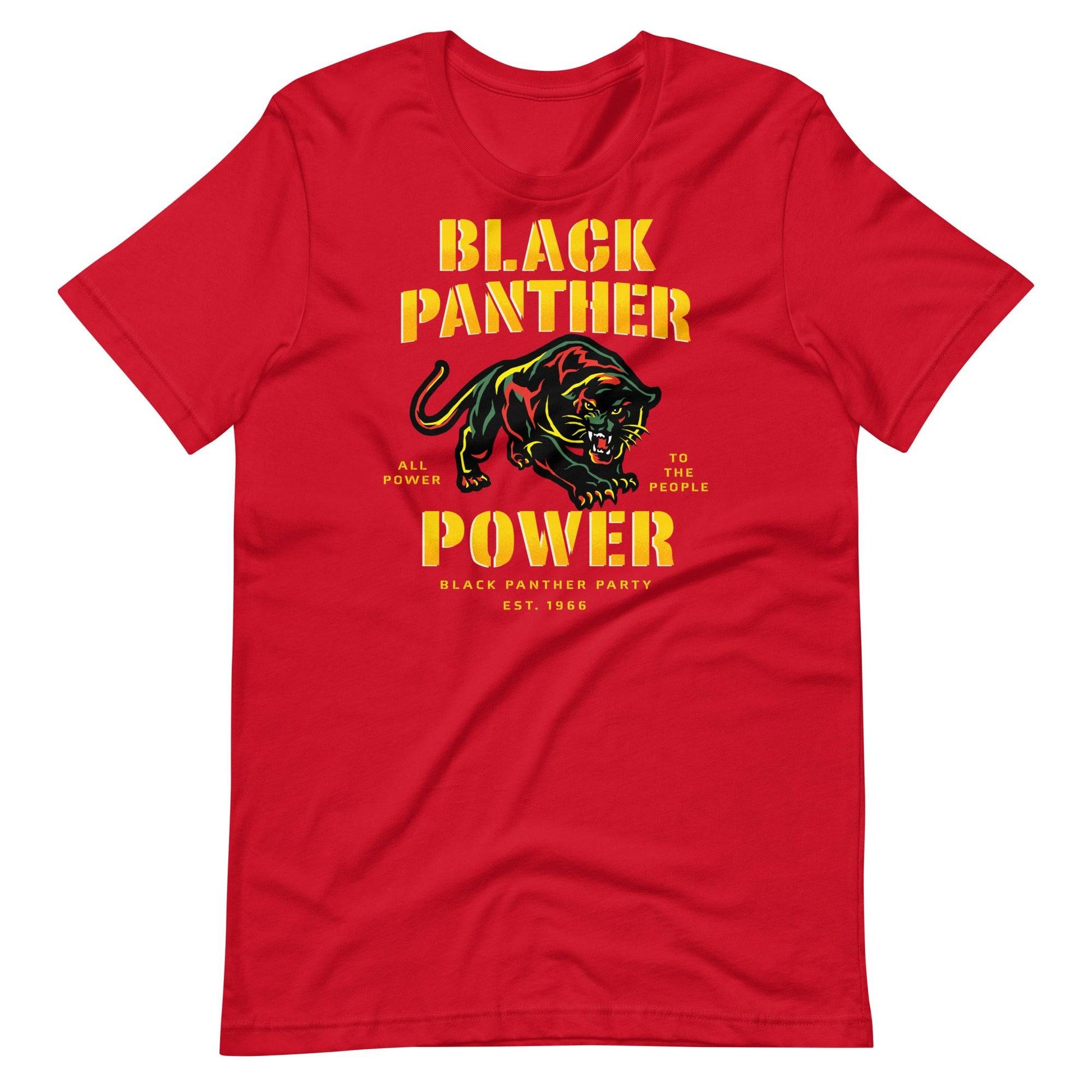 a red t - shirt with black panther power on it