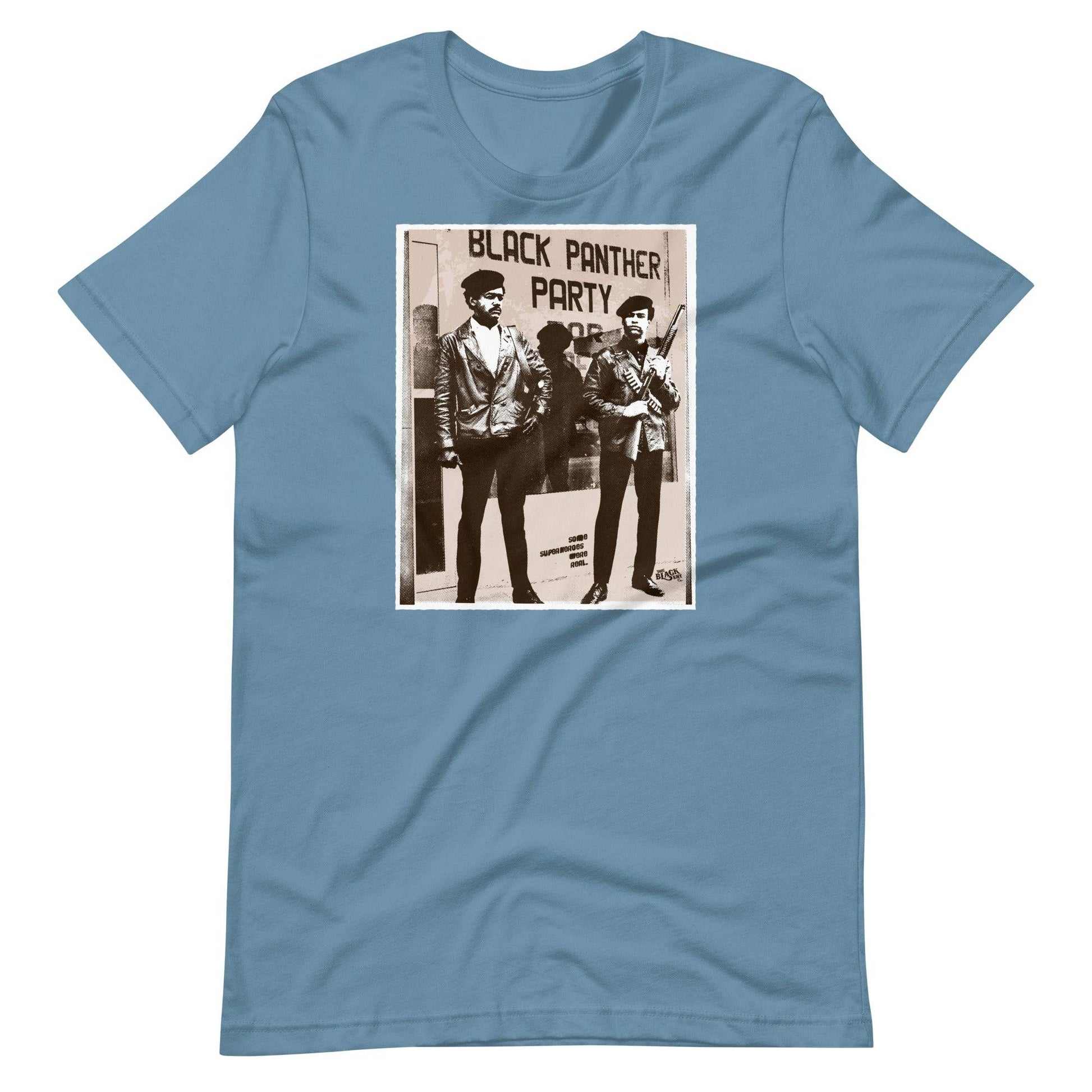 a blue t - shirt with a picture of huey newton and bobby seale standing next to each other
